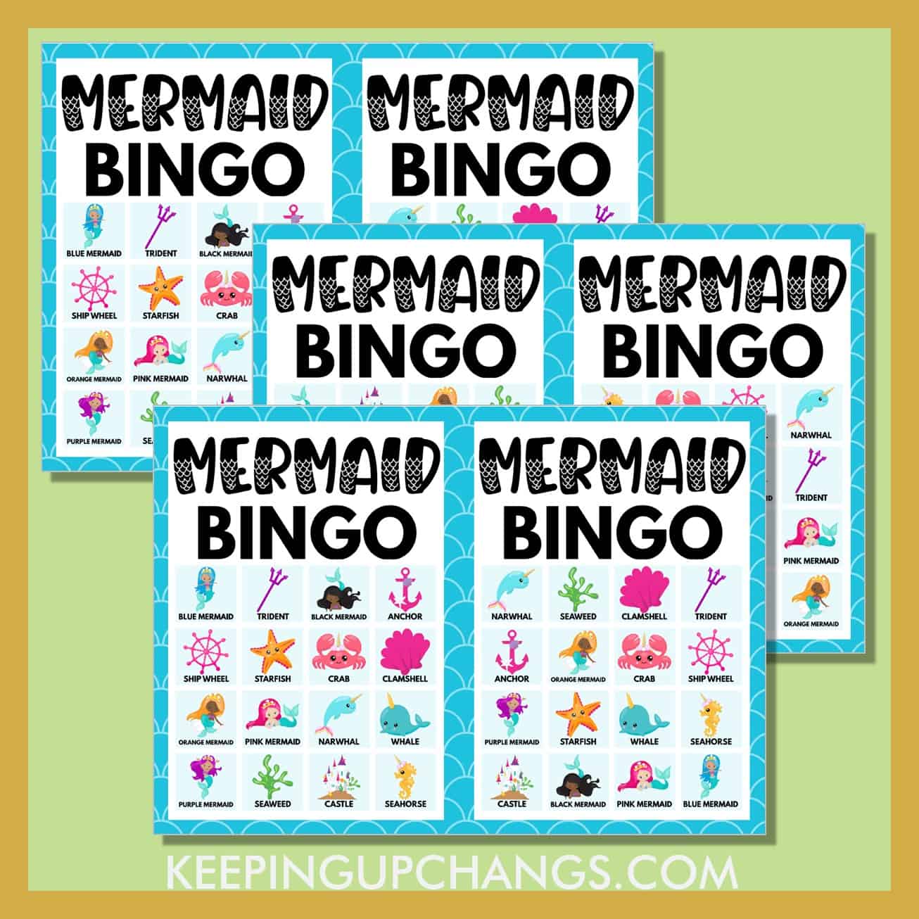 free mermaid bingo 4x4 game cards.
