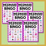 free mermaid bingo 5x5 game cards.