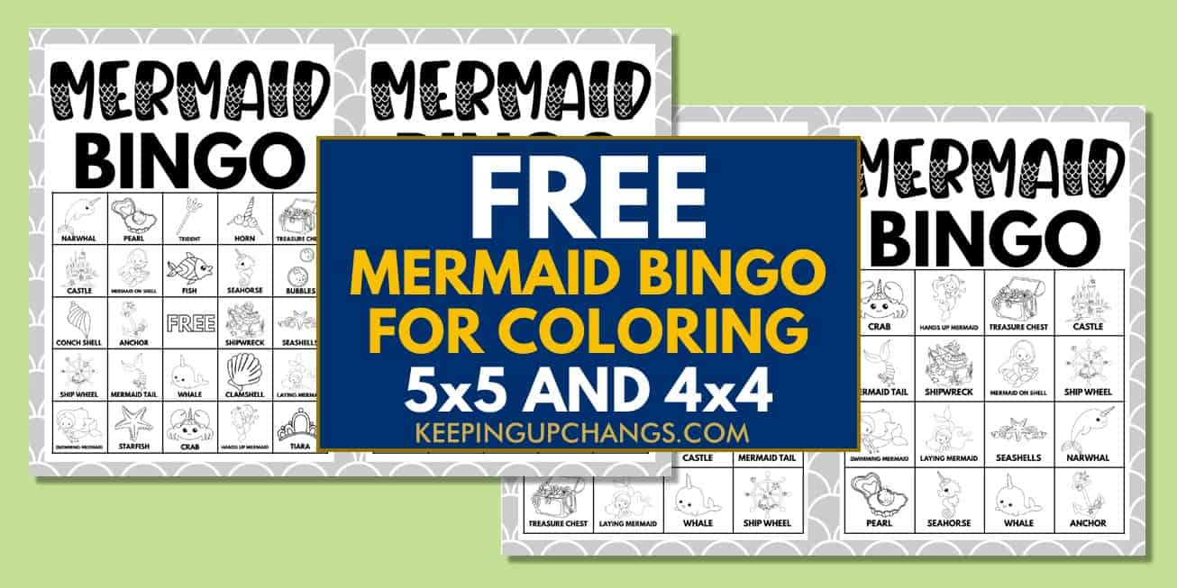 free black, white mermaid bingo cards 5x5 4x4 for birthday party, wedding, baby shower.