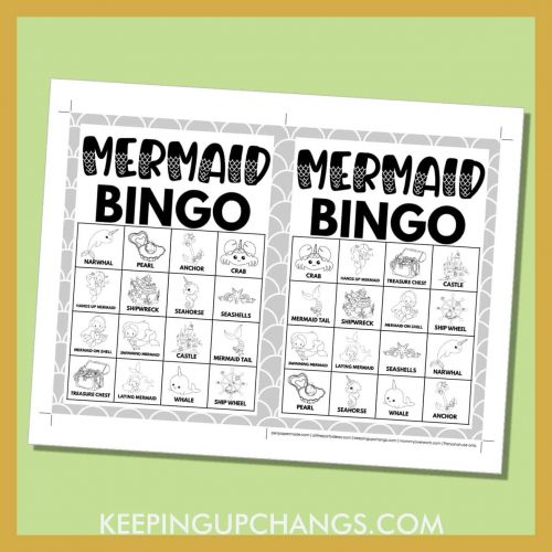 Mermaid Bingo Black White Pictures &amp; Words (5x5 &amp; 4x4 Grid) [FREE ...