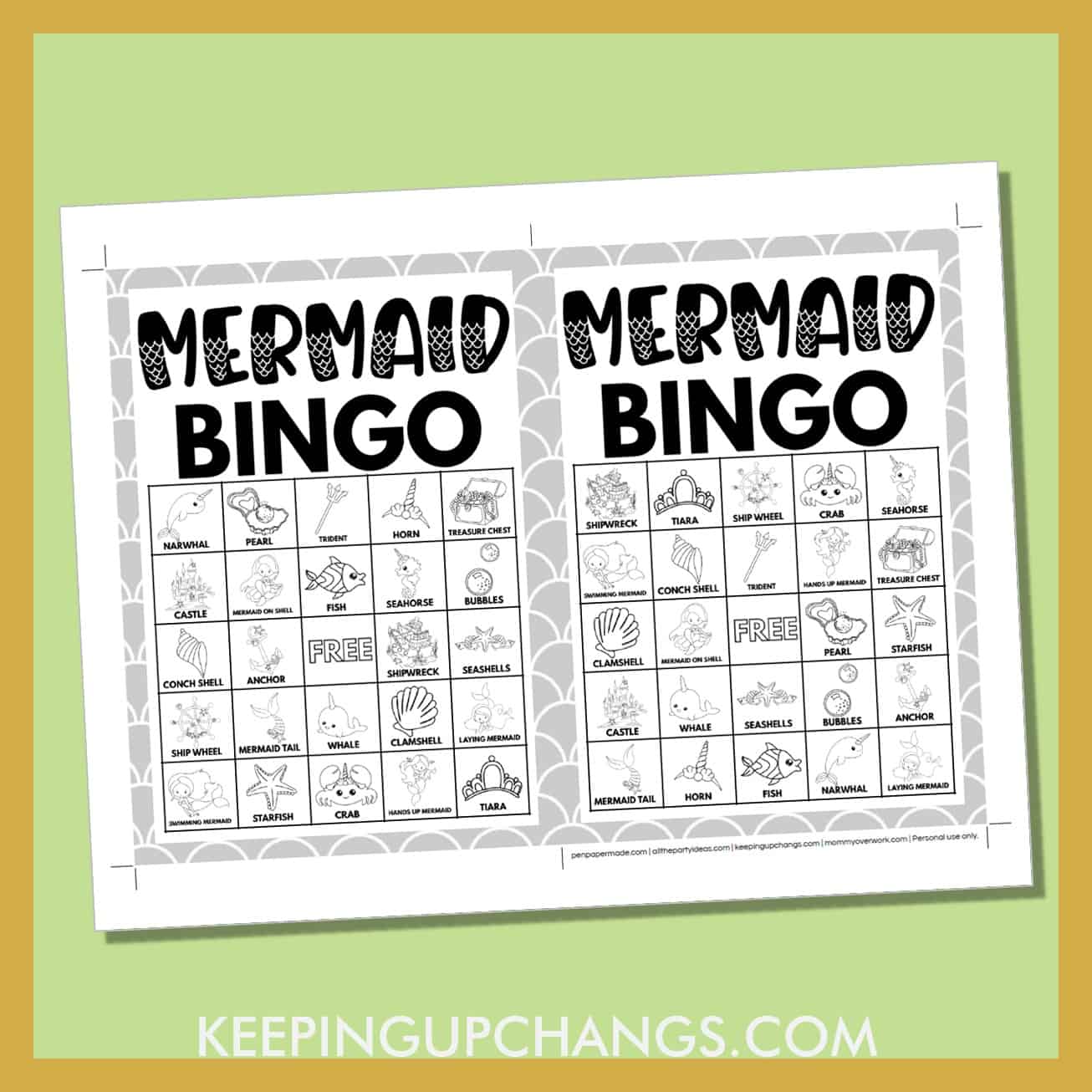 free mermaid bingo card 5x5 5x7 game boards with black, white images and text words.