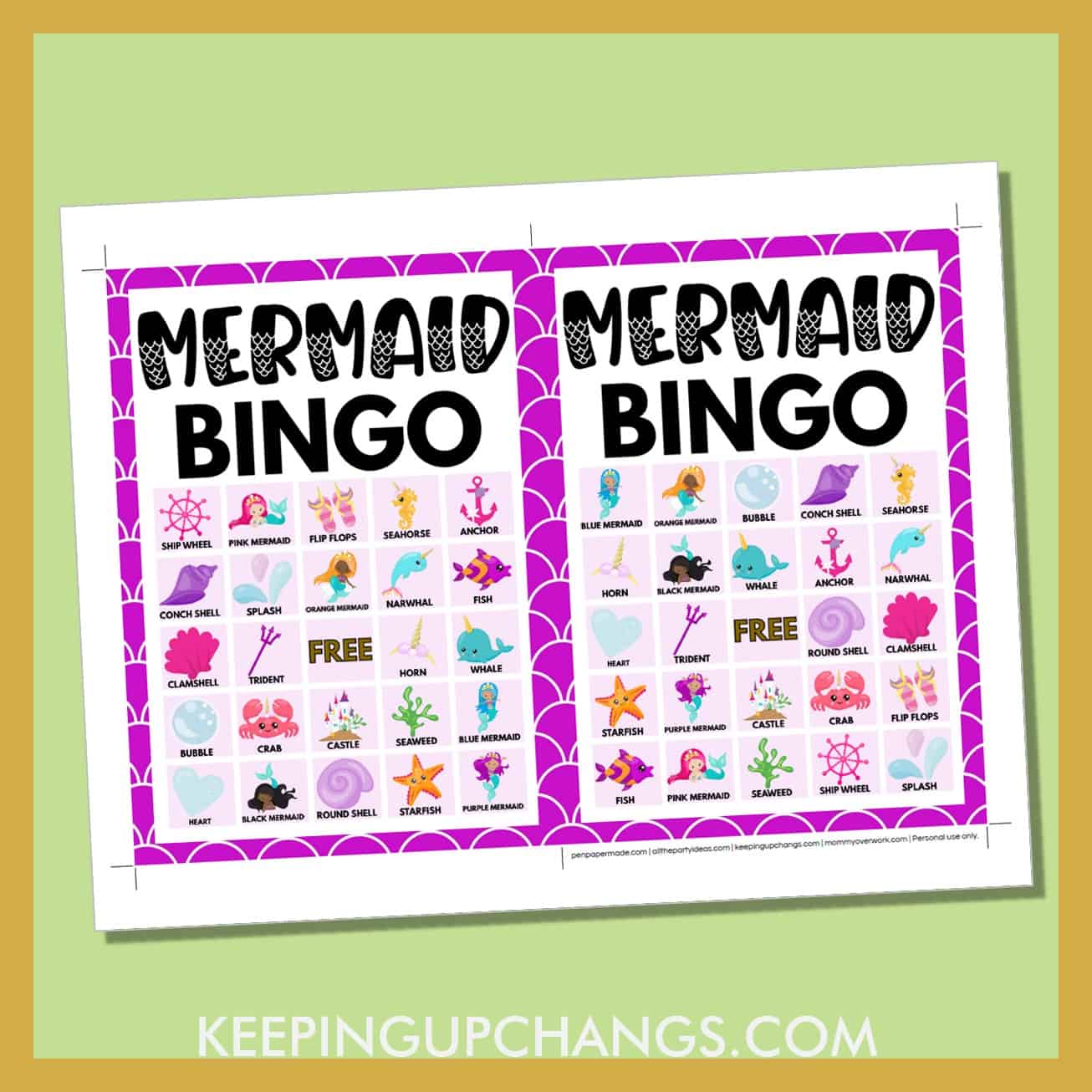 free mermaid bingo card 5x5 5x7 game boards with images and text words.