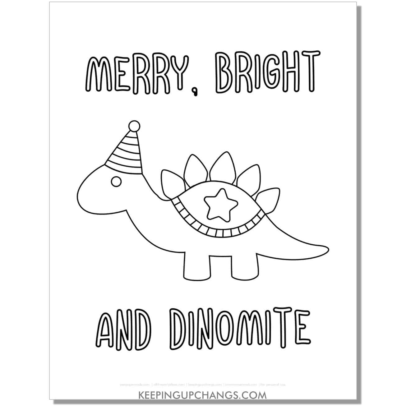 free merry, bright, dinomite christmas stegosaurus dinosaur coloring page.
