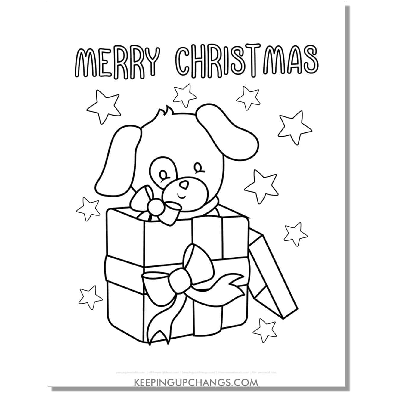 free cute dog in present, gift merry christmas dog coloring page.