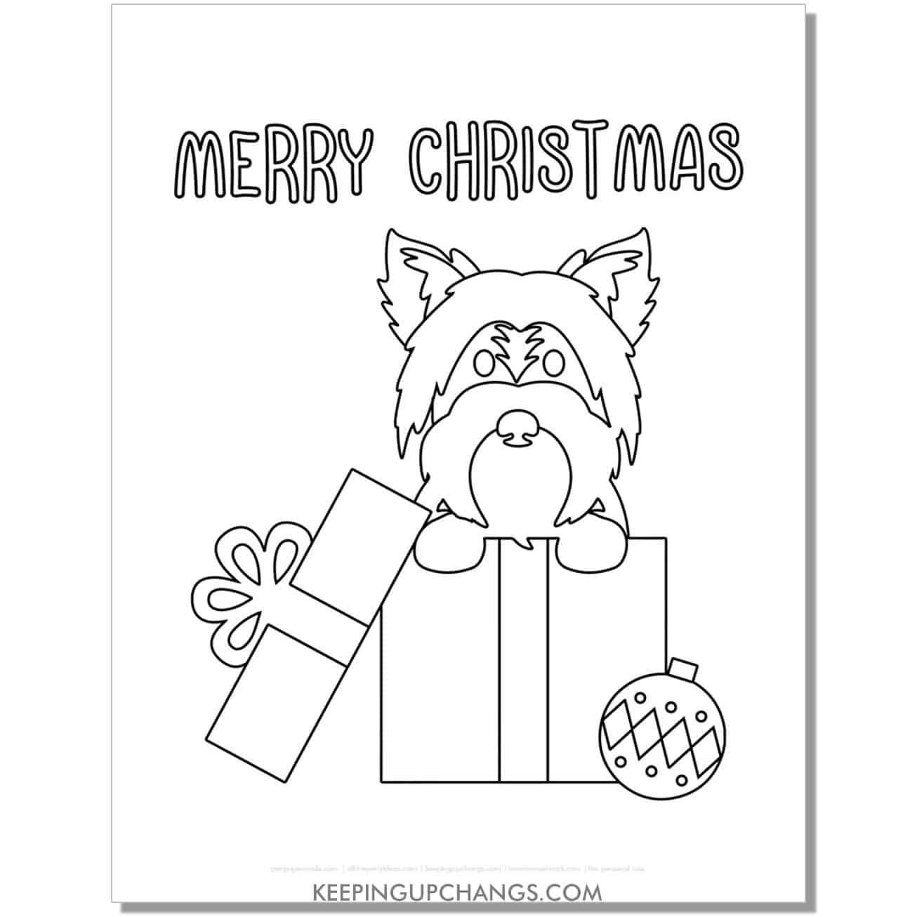 free yorkshire terrier in present gift box christmas dog coloring page.