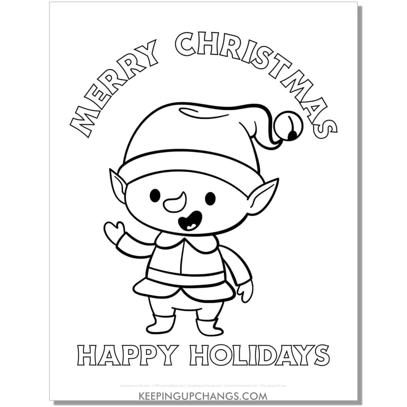 free merry christmas, happy holidays adorable elf coloring page