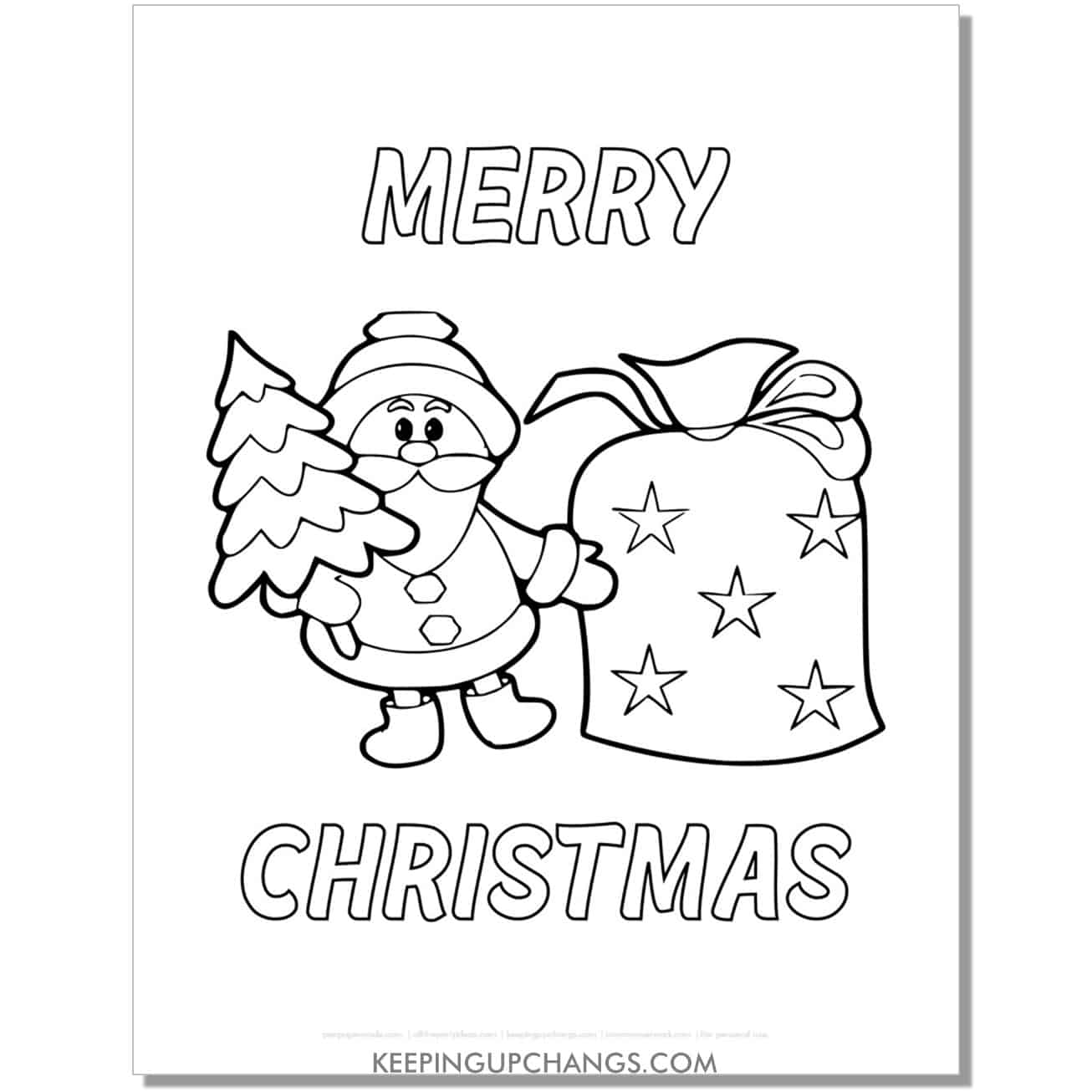 free merry christmas santa with tree, sack coloring page.