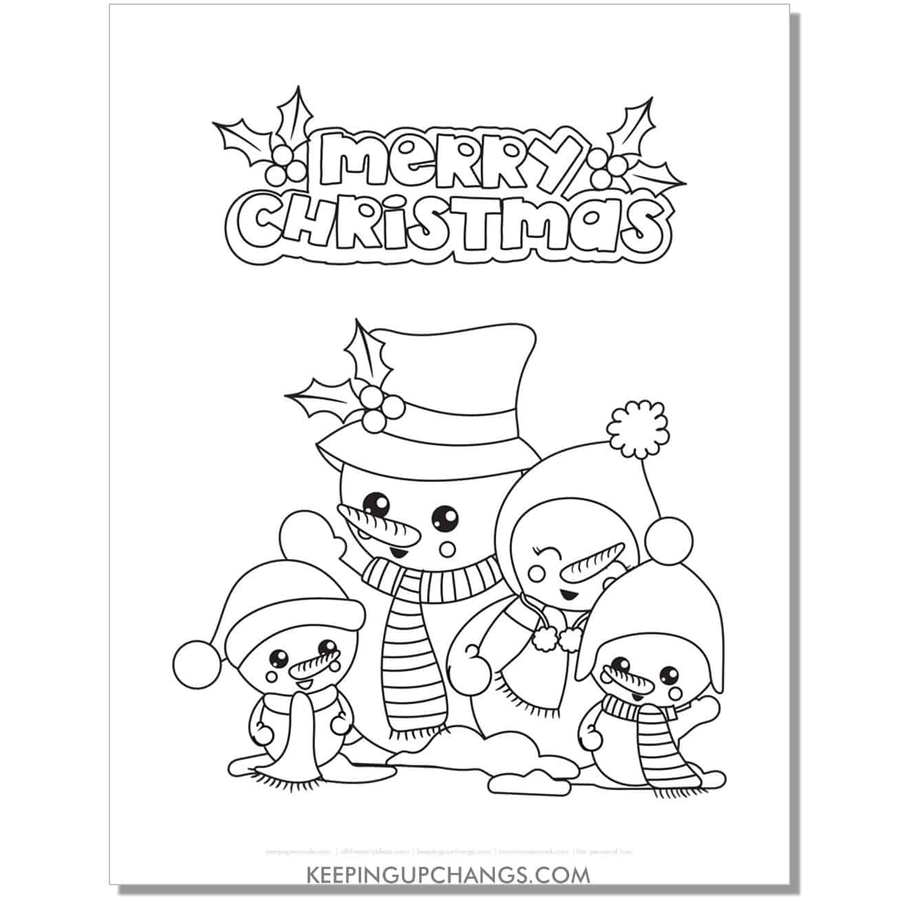free merry christmas snowman family coloring page.