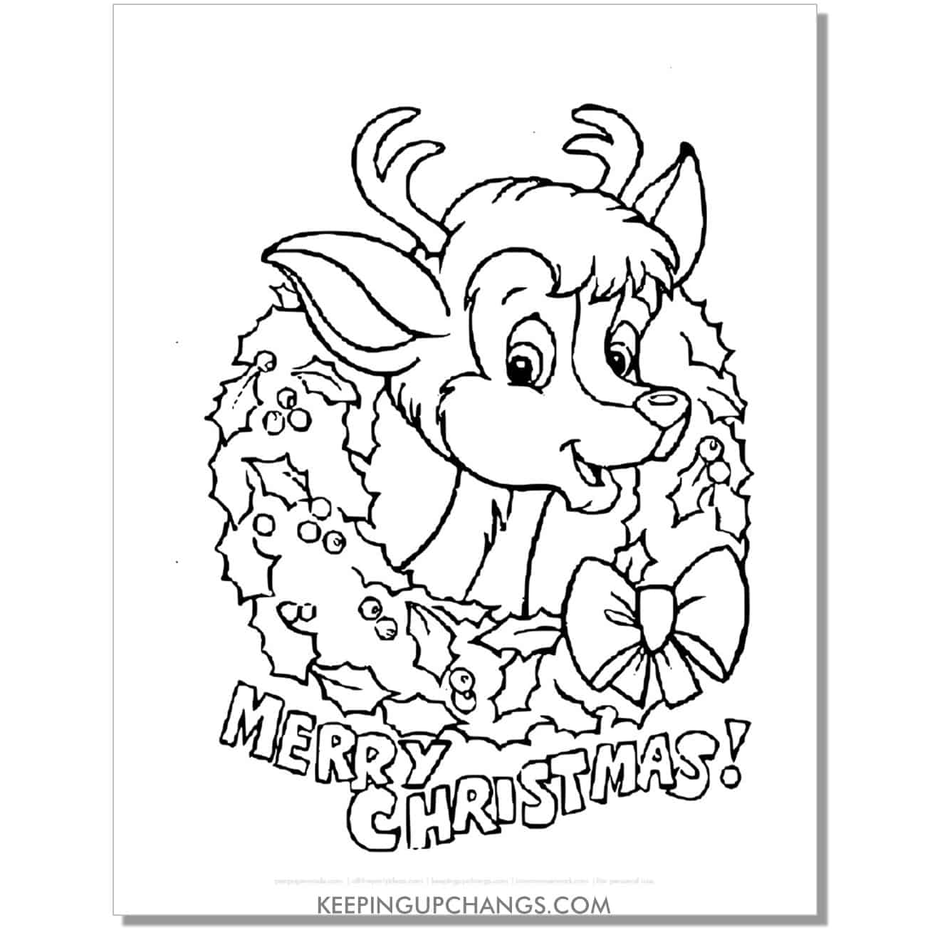 free merry christmas rudolph reindeer in wreath coloring page.