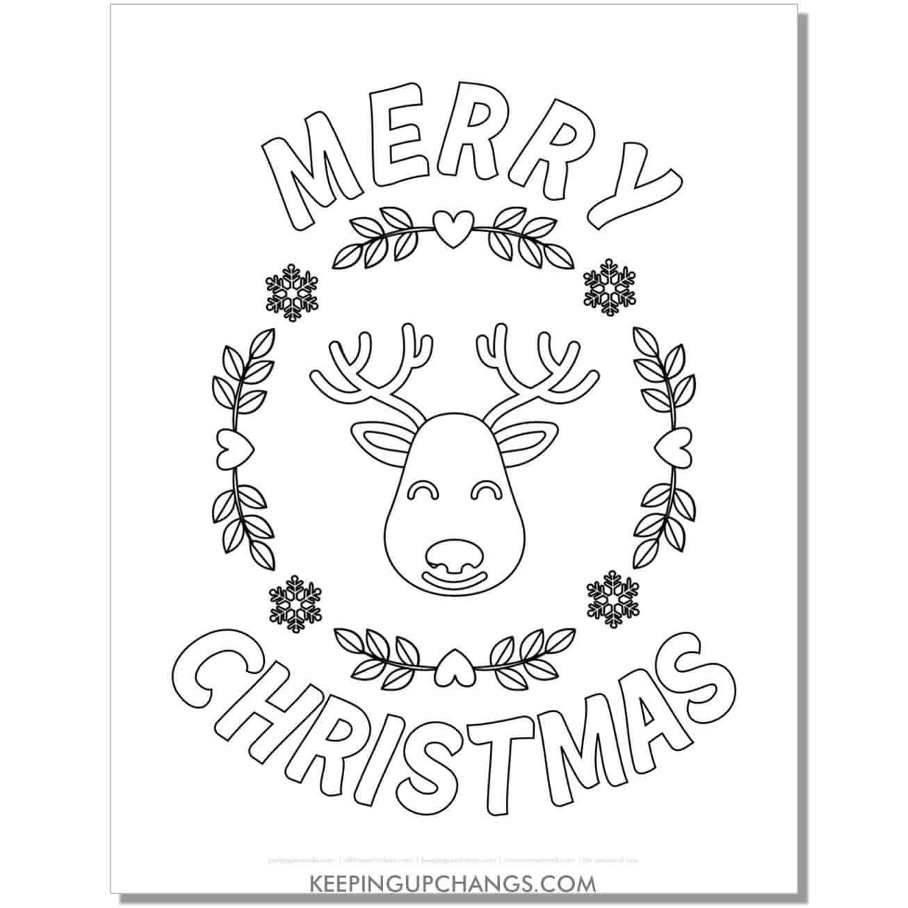 free merry christmas wreath with reindeer head coloring page.