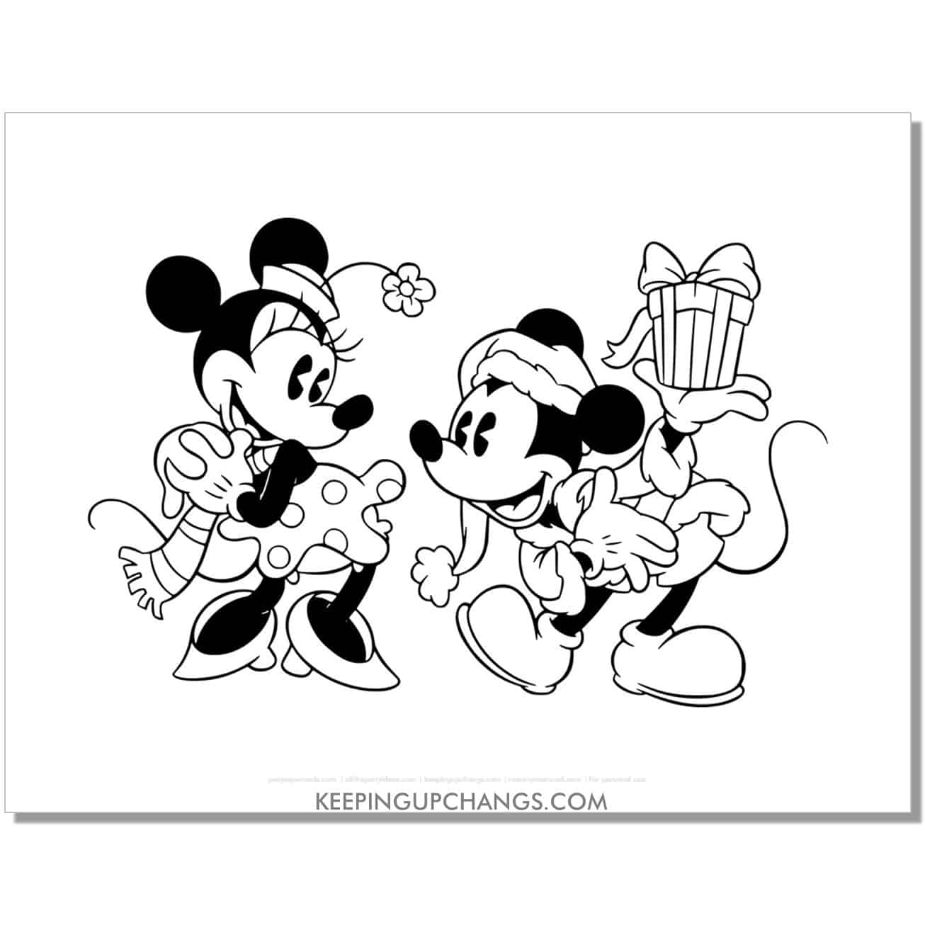 free minnie gets gift from mickey mouse christmas coloring page, sheet.