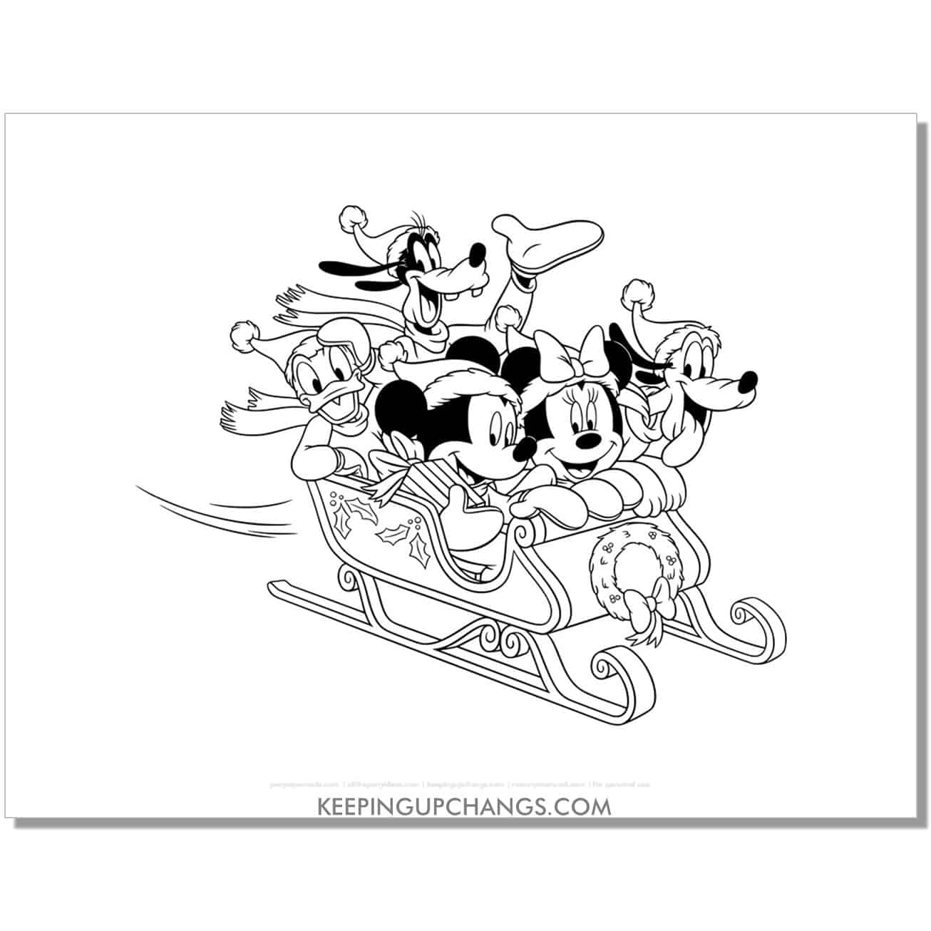 free mickey mouse christmas with friends on sled coloring page, sheet.