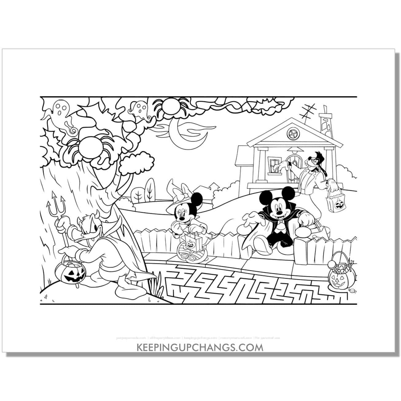 free mickey mouse halloween haunted house coloring page, sheet.