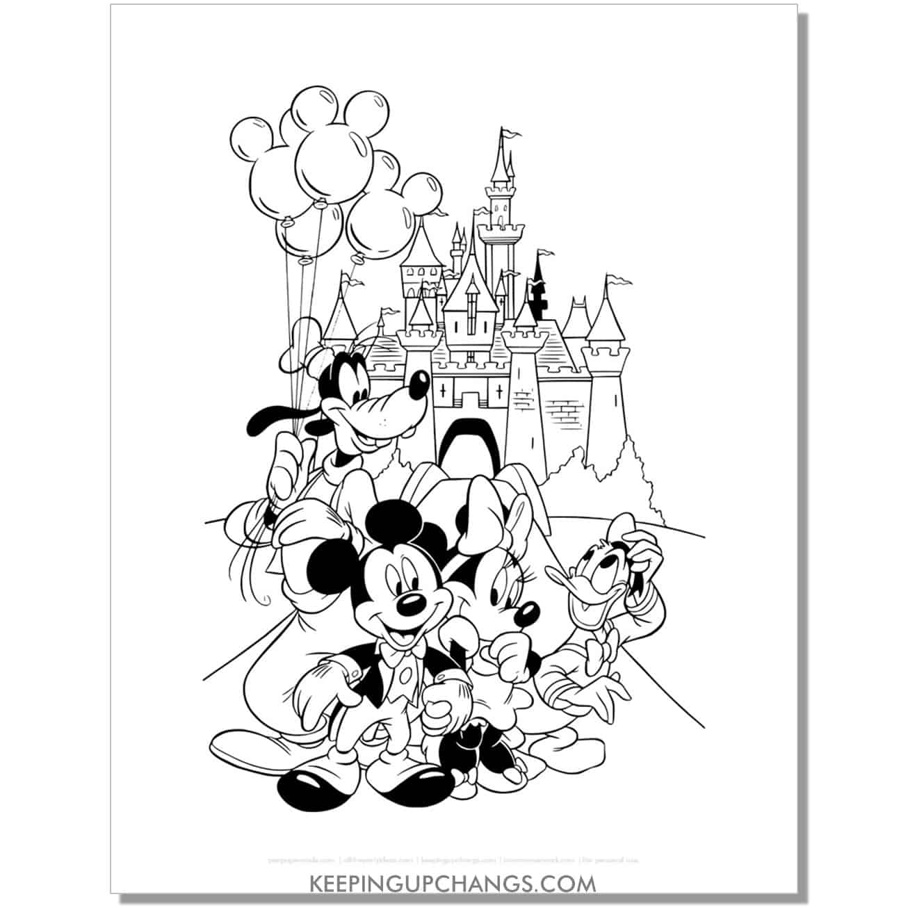free mickey mouse clubhouse friends at disney castle coloring page, sheet.