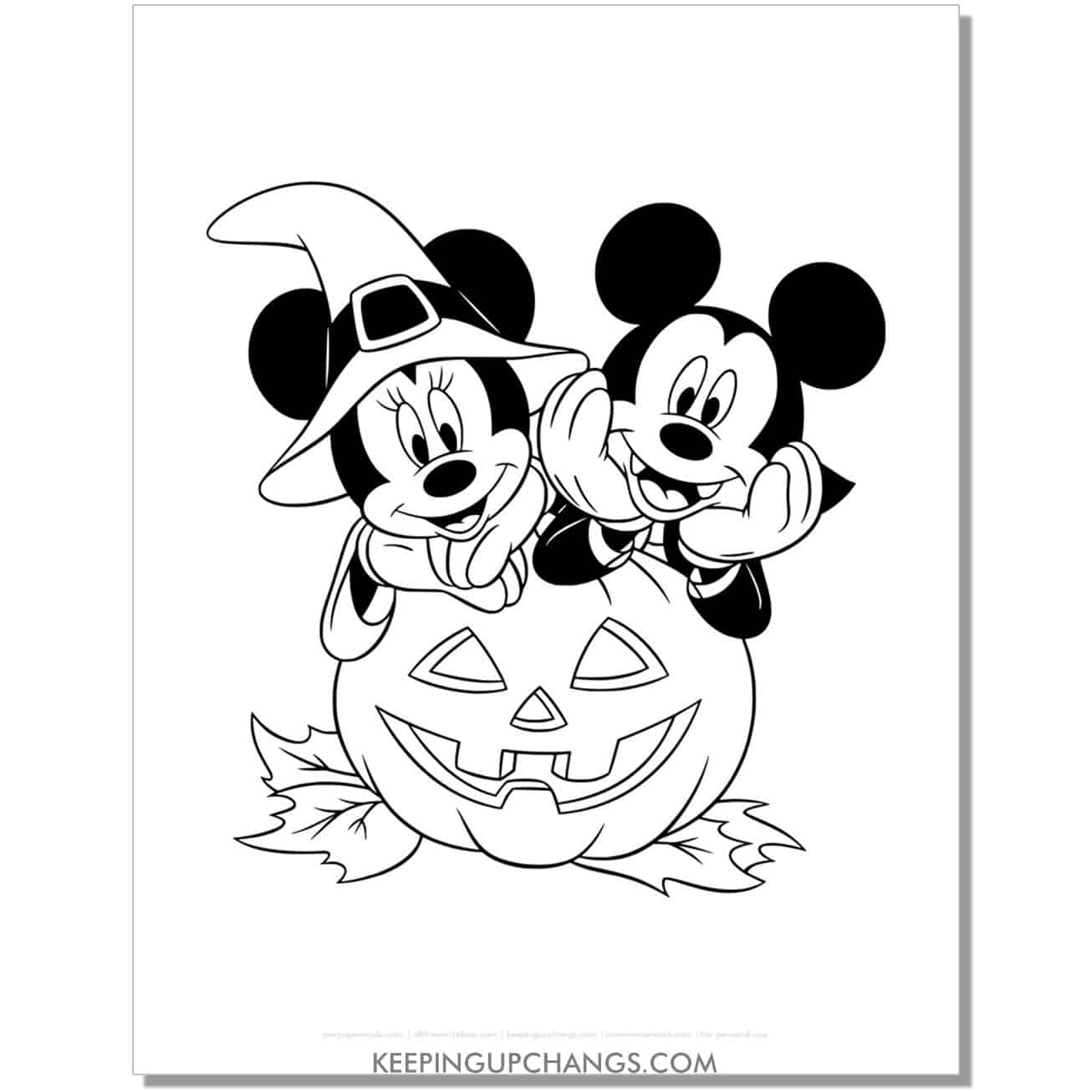 free minnie, mickey mouse halloween jack o lantern coloring page, sheet.