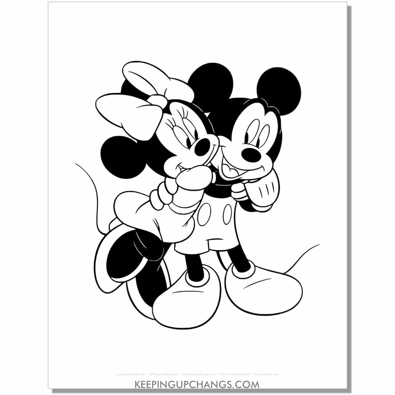 free minnie hugging mickey mouse coloring page, sheet.