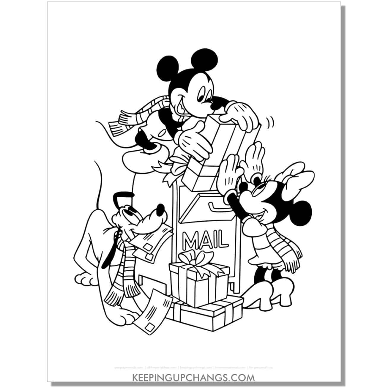 free mickey mouse christmas delivering gifts coloring page, sheet.