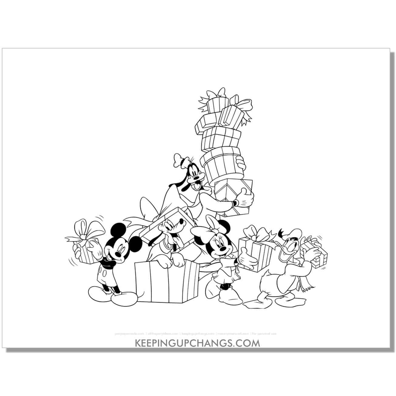 free mickey mouse friends christmas gifts coloring page, sheet.