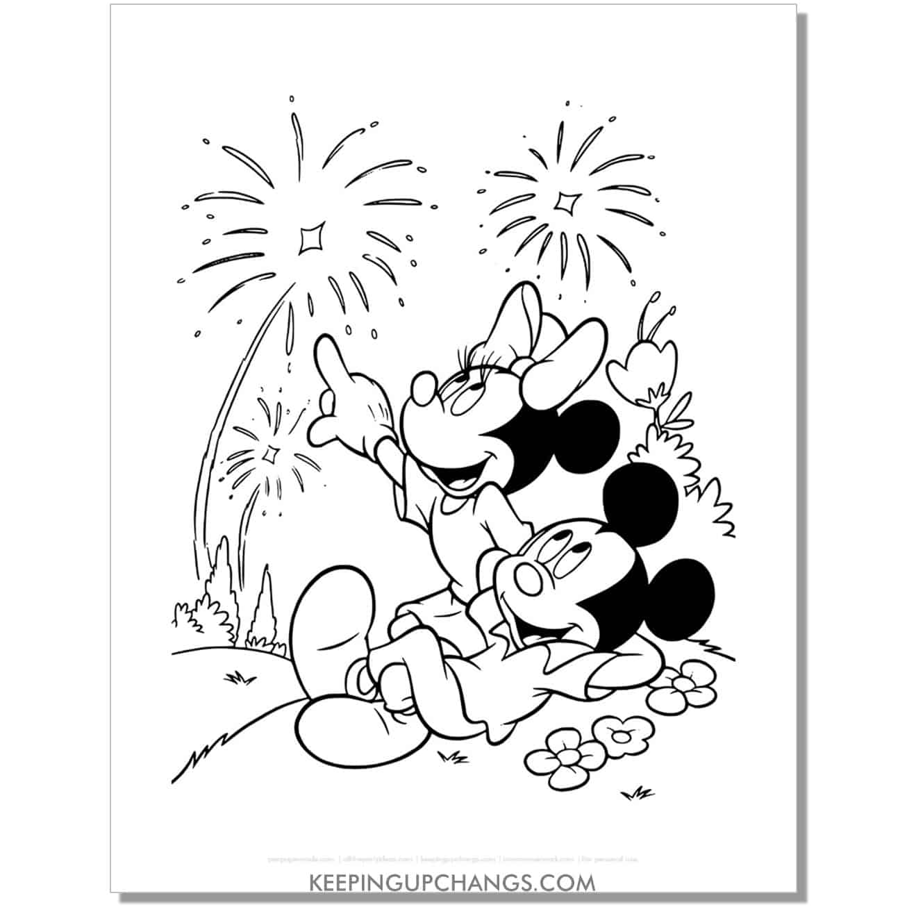free mickey, minnie mouse watching fireworks coloring page, sheet.