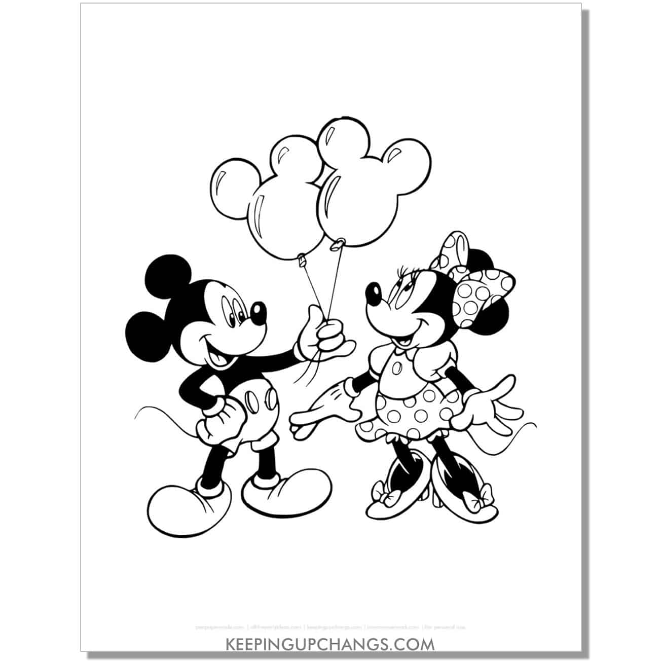 free mickey gives minnie mouse balloons coloring page, sheet.