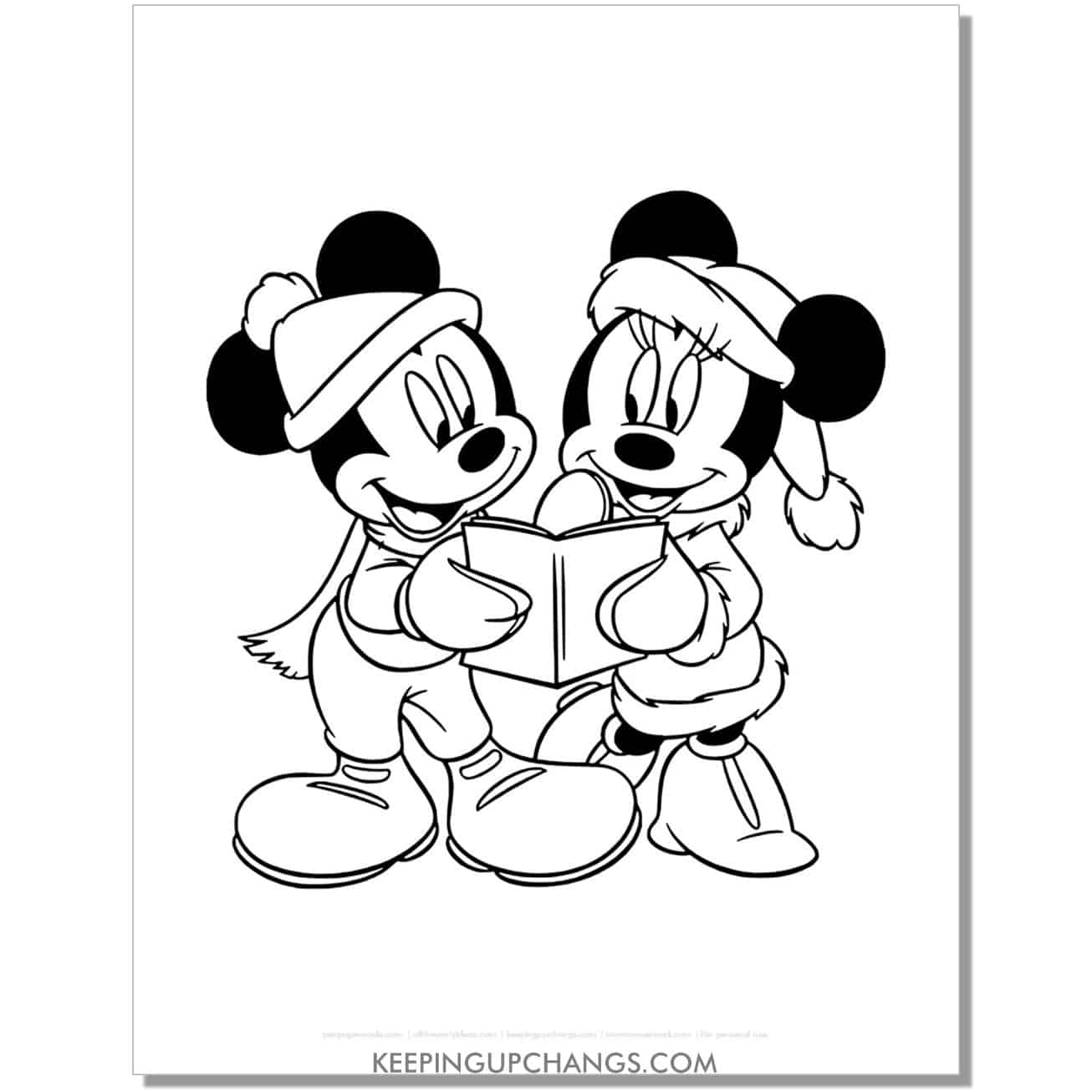 free minnie, mickey mouse singing christmas carols coloring page, sheet.