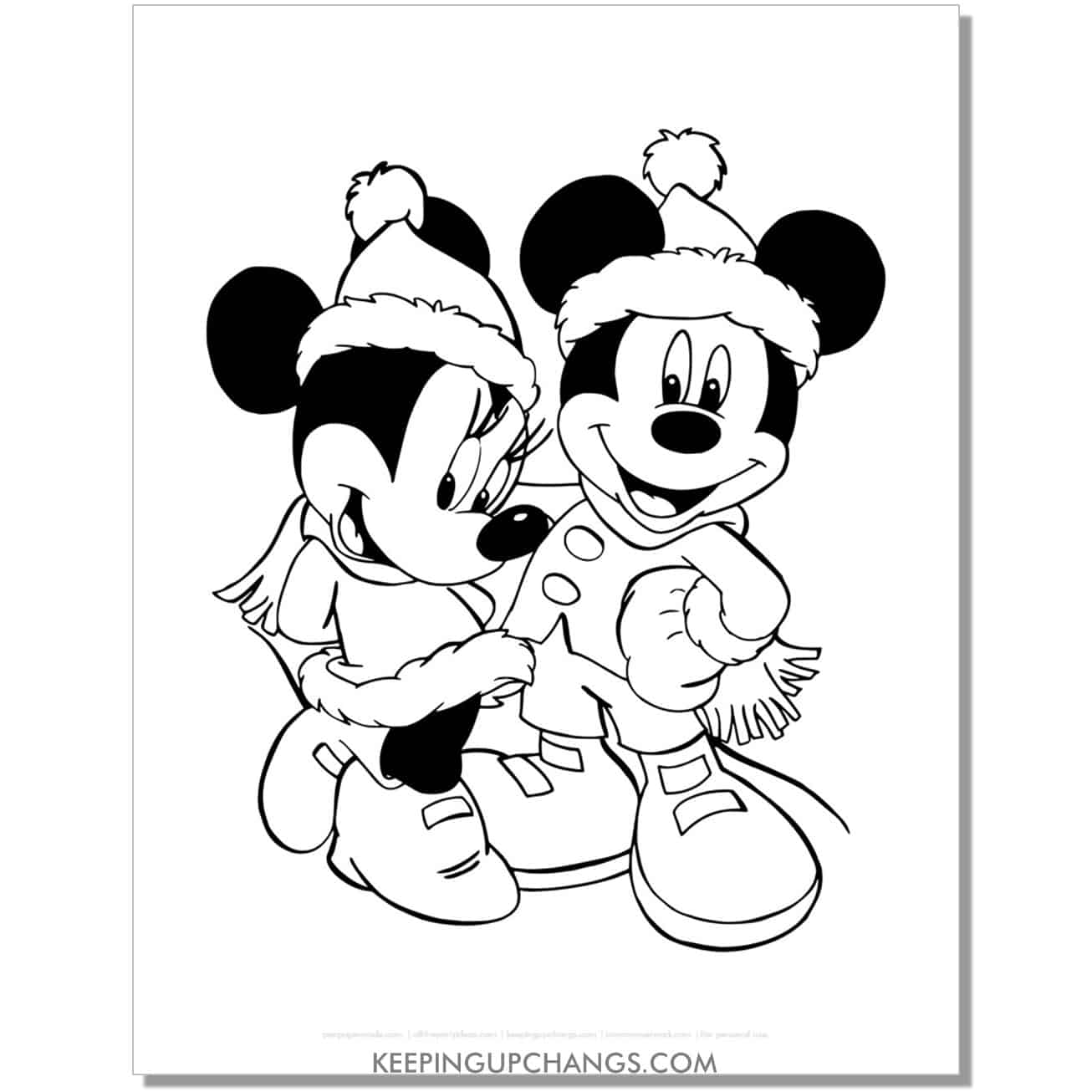 free mickey. minnie mouse christmas winter clothes coloring page, sheet.