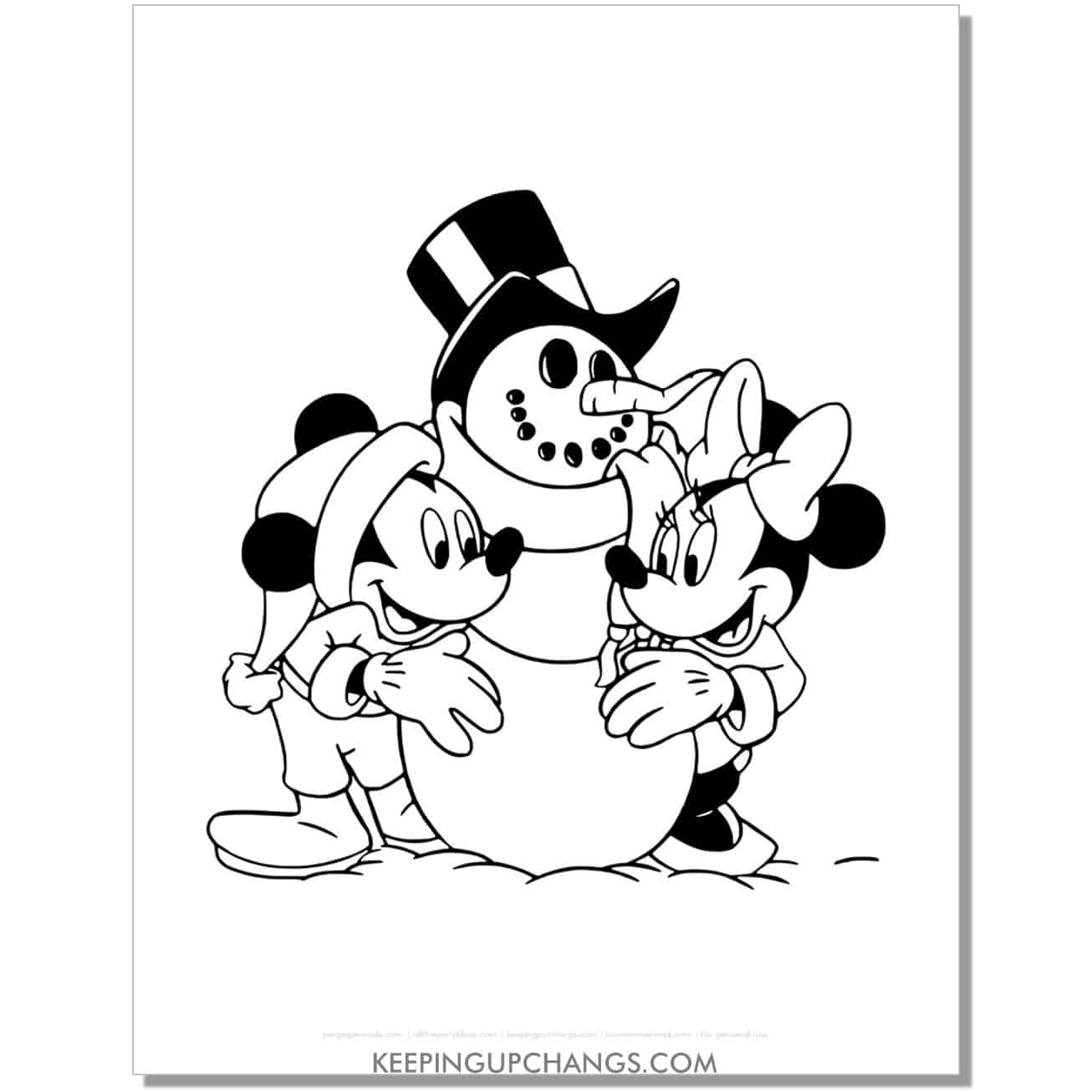 free mickey, minnie mouse christmas snowman coloring page, sheet.