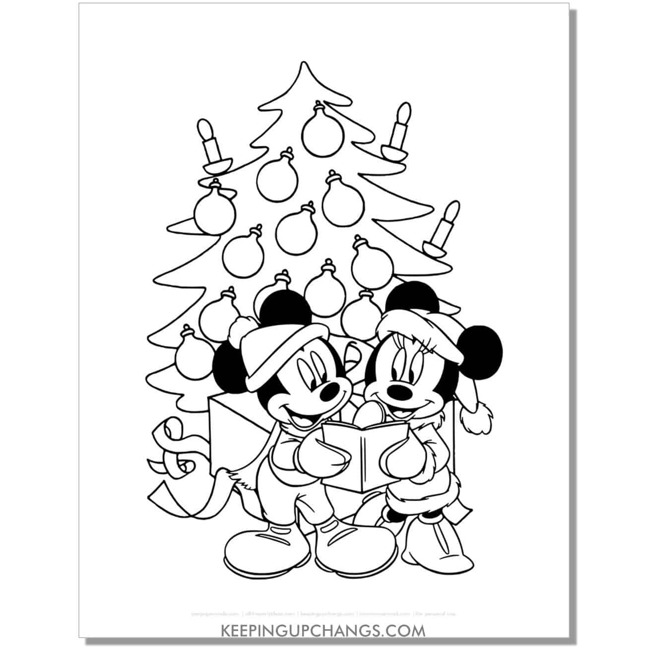 free mickey, minnie mouse christmas tree coloring page, sheet.