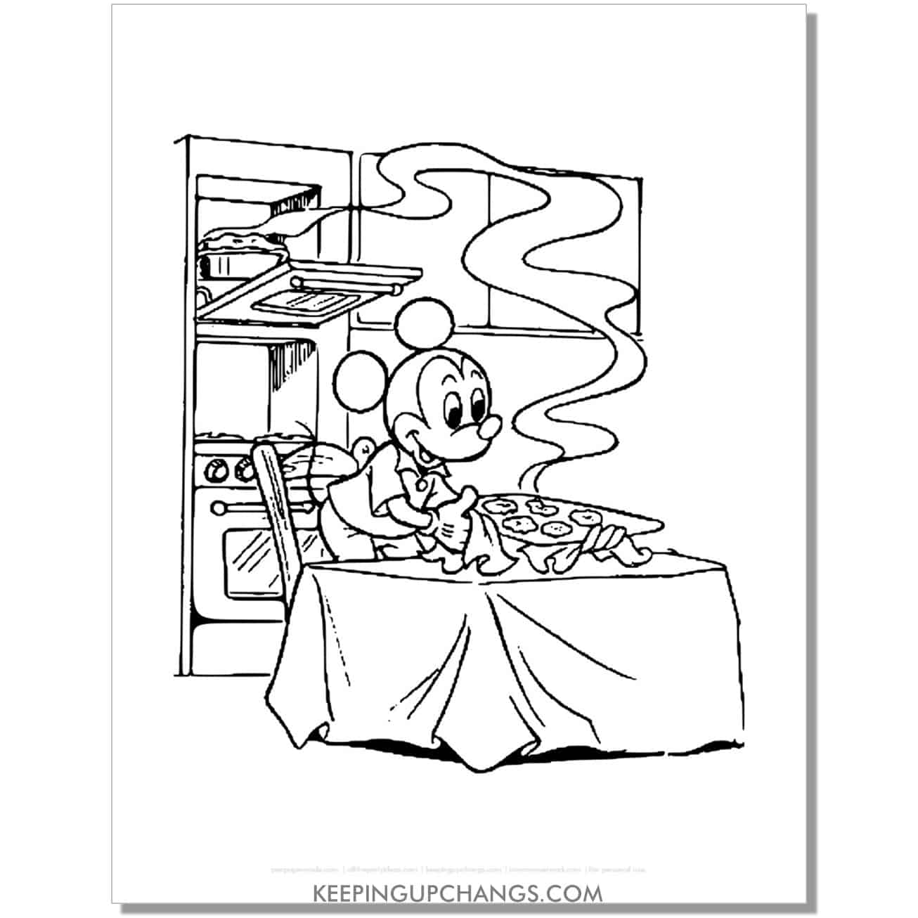 free mickey mouse taking cookies out of oven coloring page, sheet.