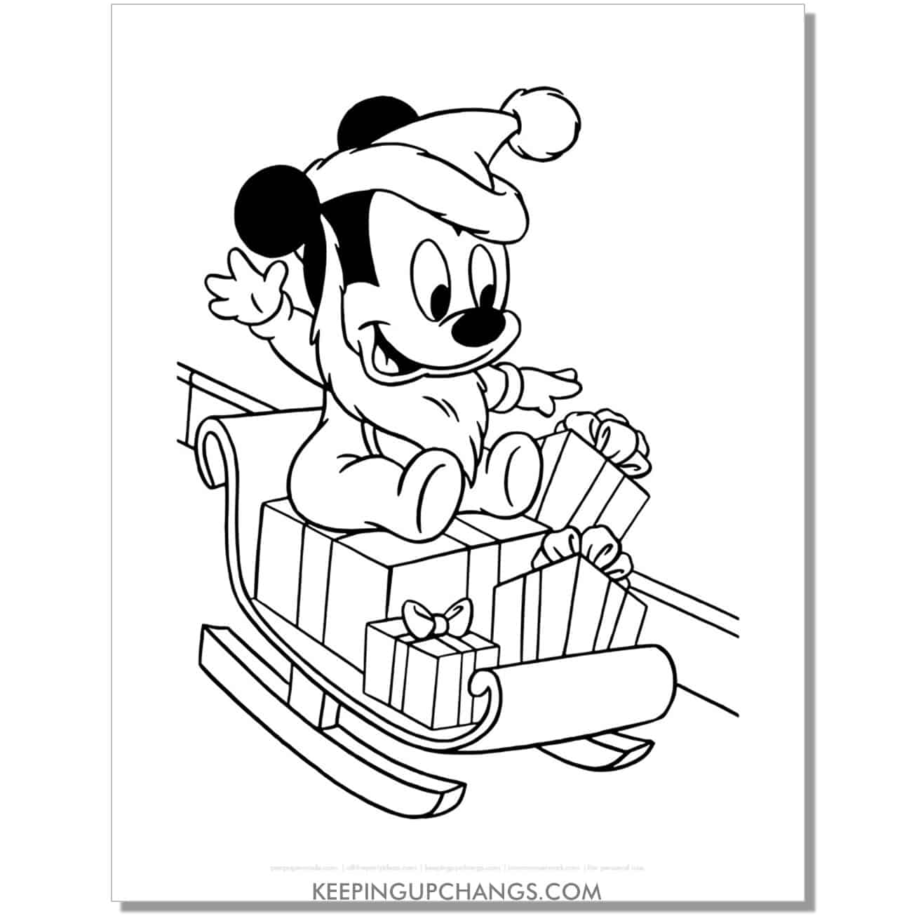free baby mickey mouse christmas on sled coloring page, sheet.