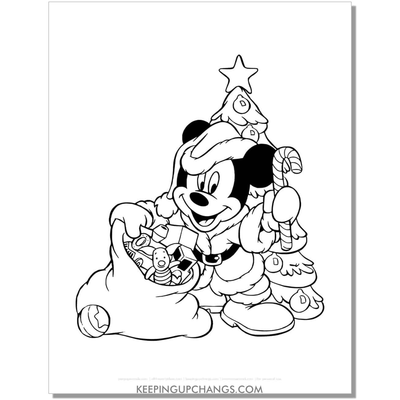 free mickey mouse christmas santa with toy stack coloring page, sheet.