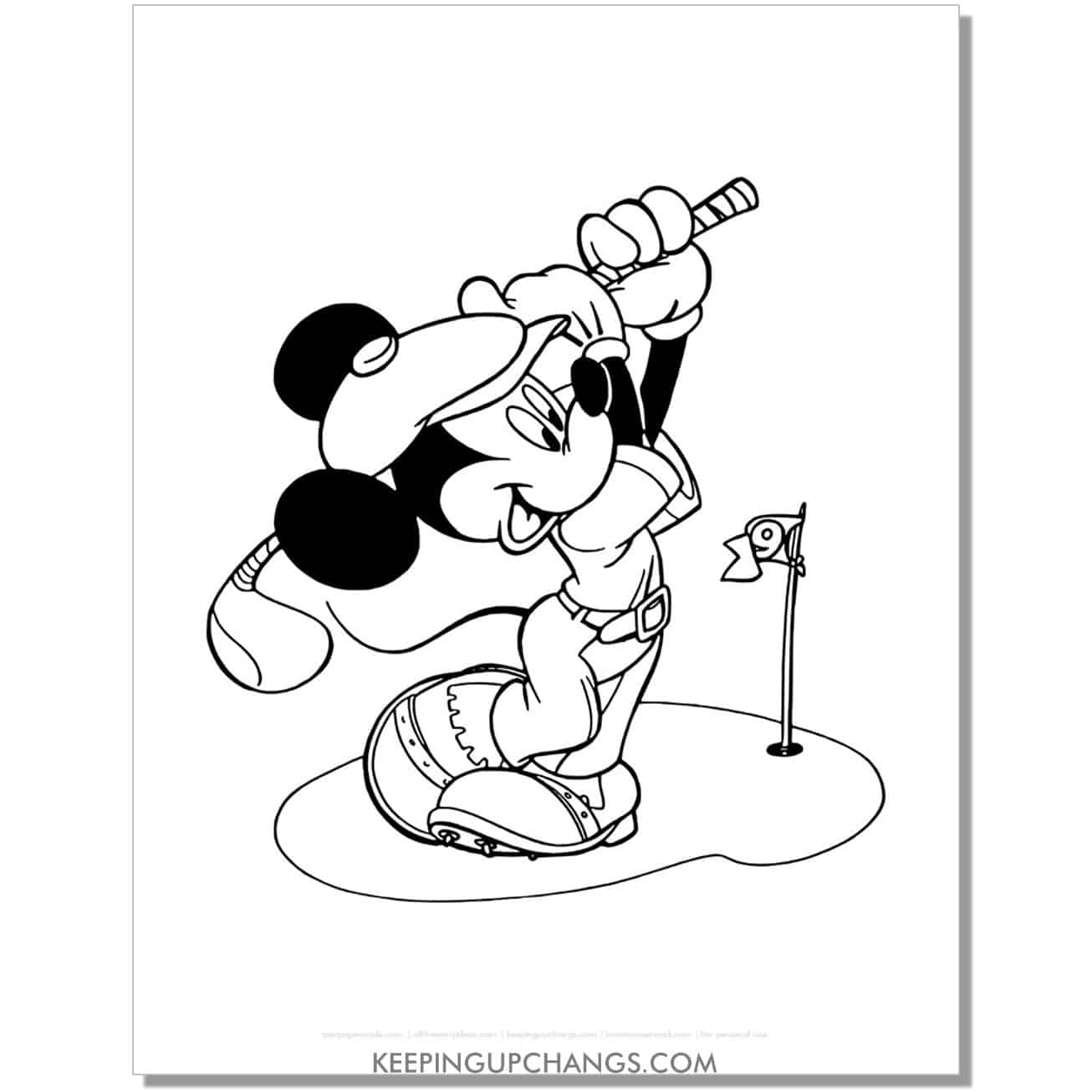 free mickey mouse golf coloring page, sheet.