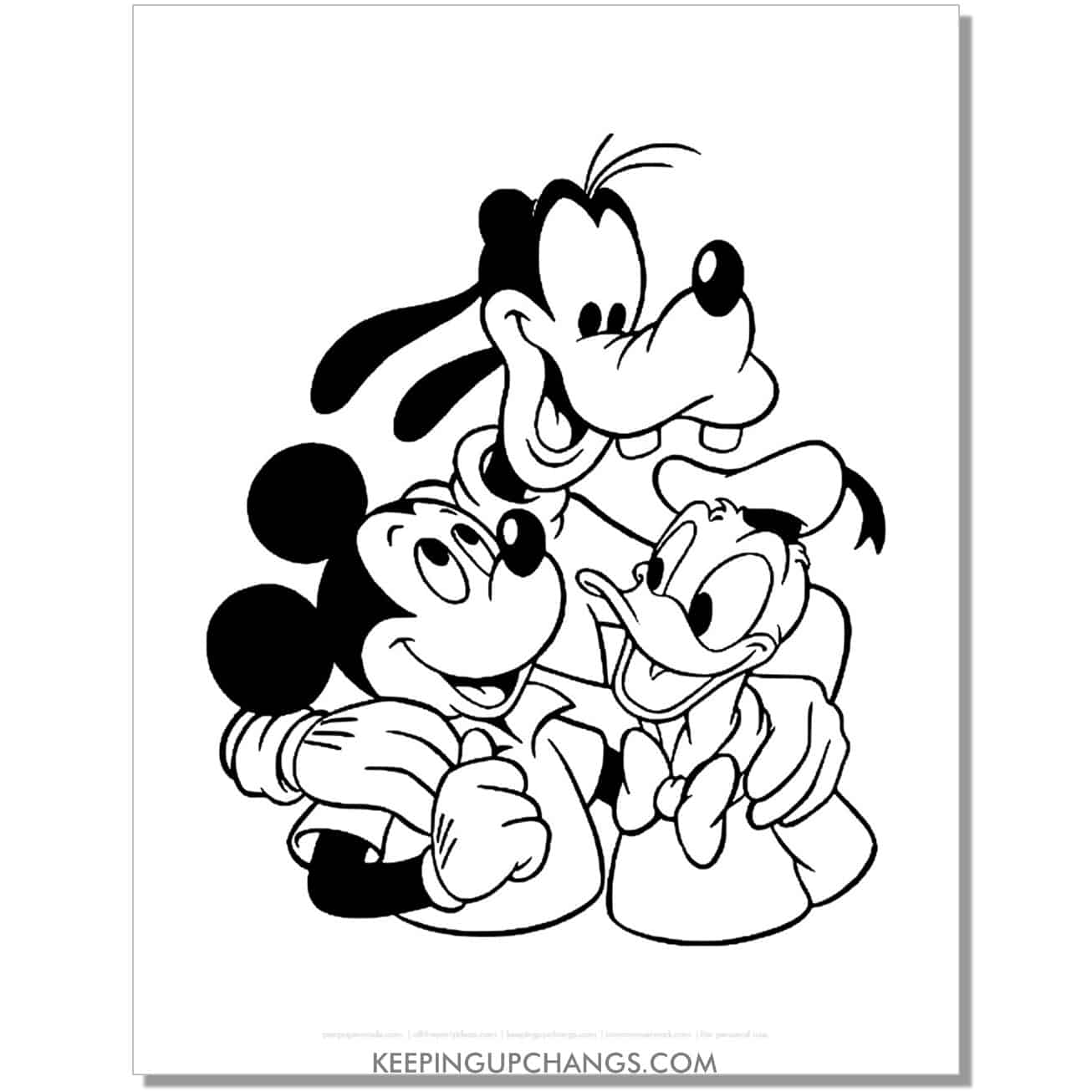free mickey mouse, goofy, donald duck hug coloring page, sheet.