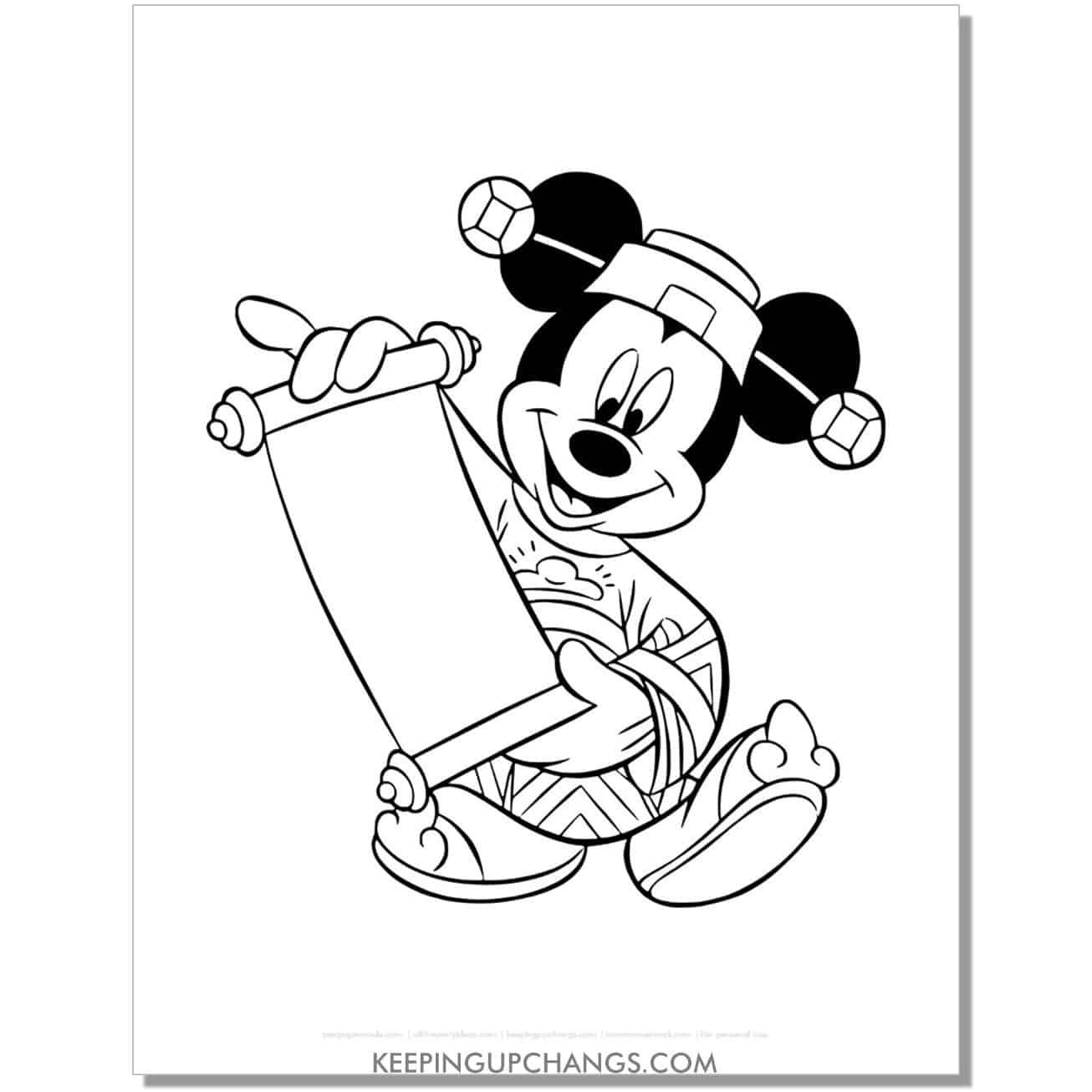 free mickey mouse tokyo olympics scroll asian gown coloring page, sheet.