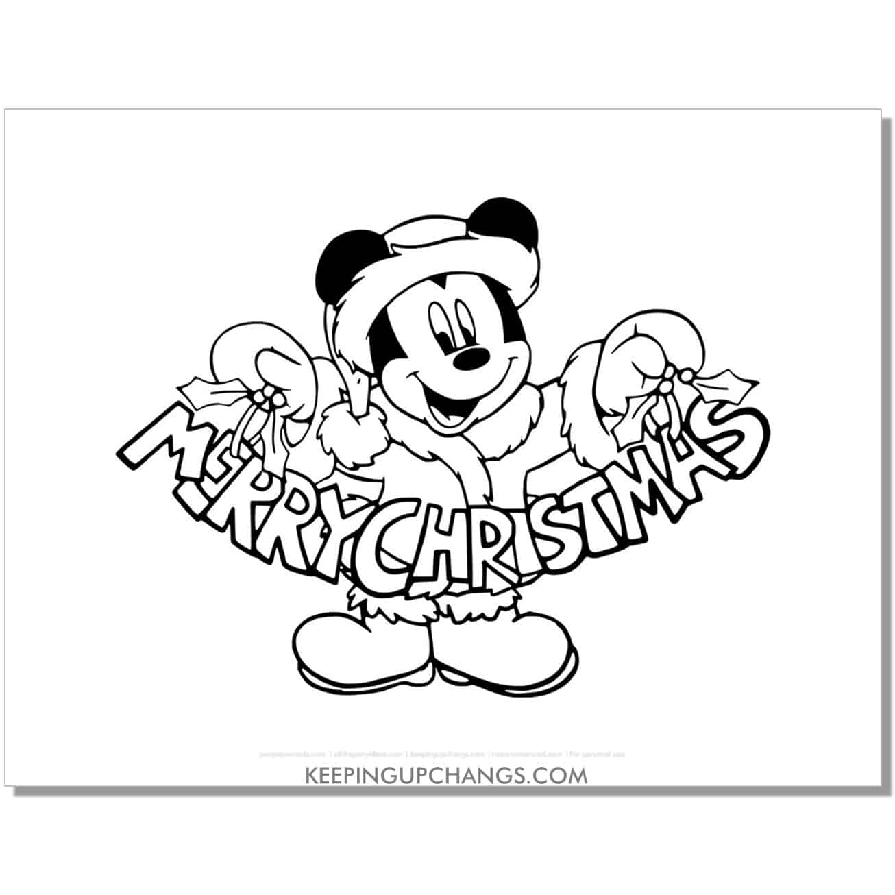 free mickey mouse holding merry christmas banner coloring page, sheet.
