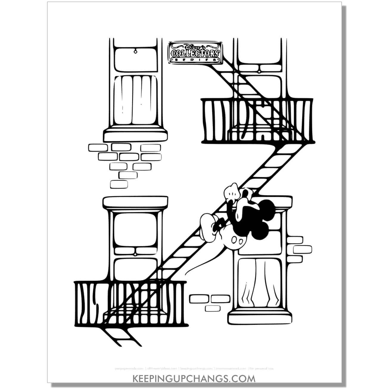 free old fashioned mickey mouse climbing fire escape ladder coloring page, sheet.