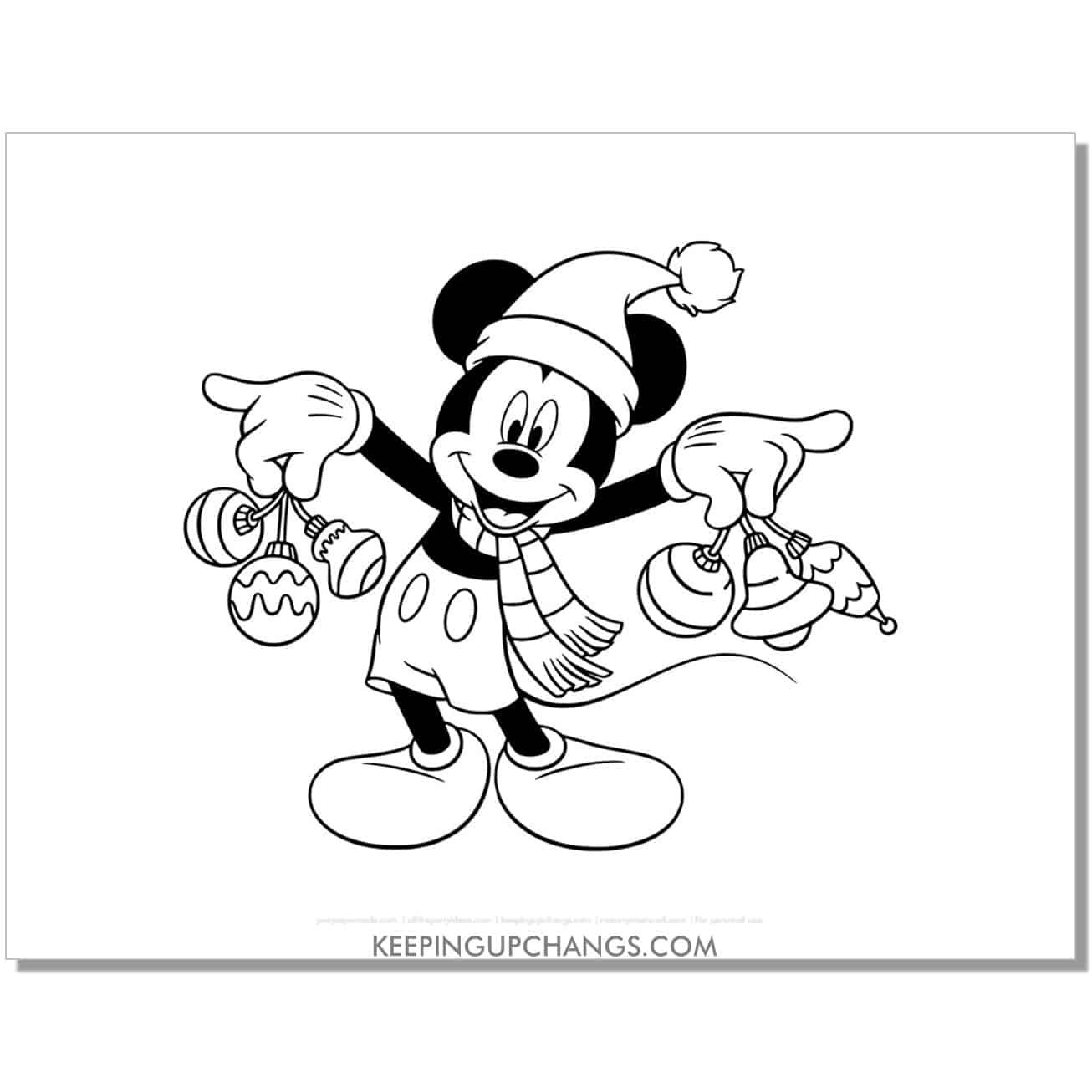 free mickey mouse holding christmas ornaments coloring page, sheet.
