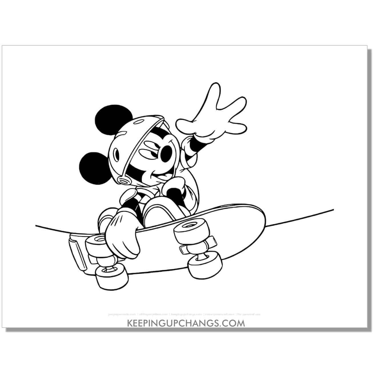 free mickey mouse skaeboarding coloring page, sheet.