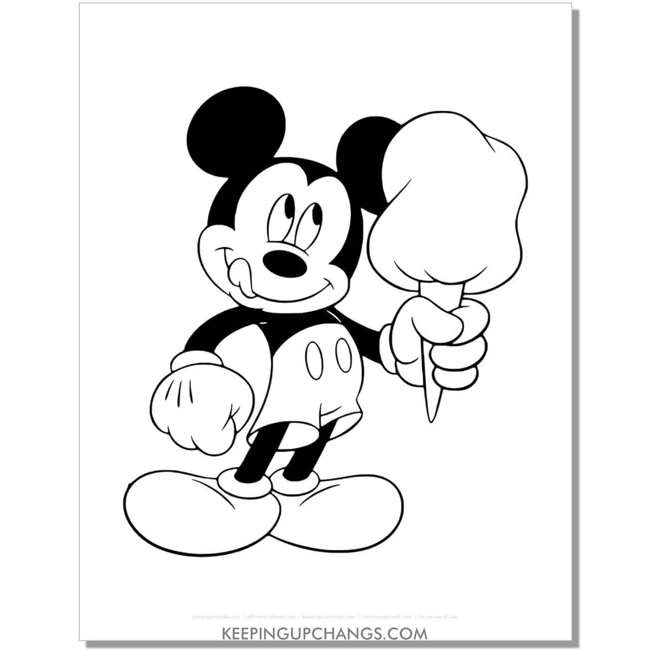 free mickey mouse holding large ice cream cone coloring page, sheet.