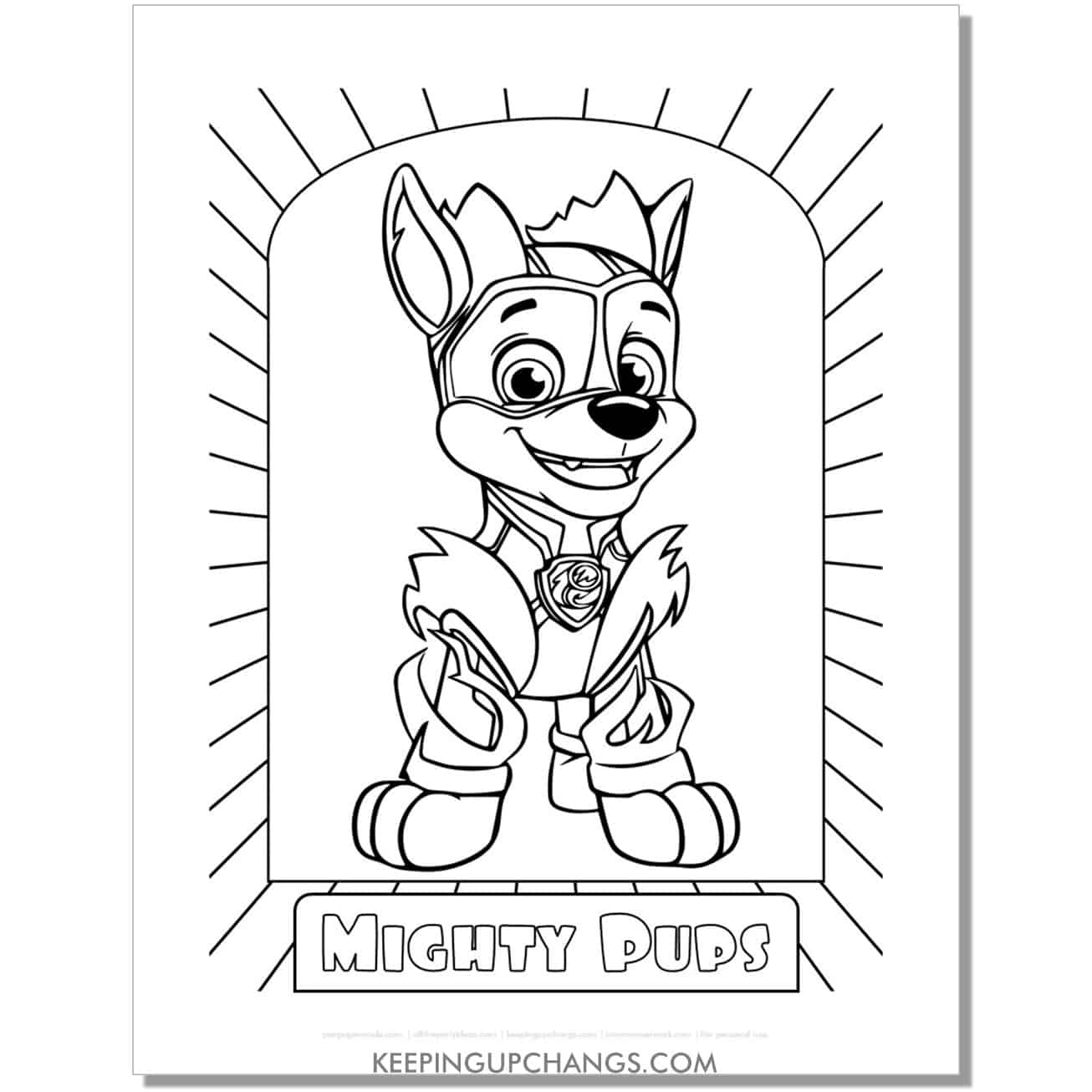 free chase the mighty pup paw patrol coloring page, sheet.