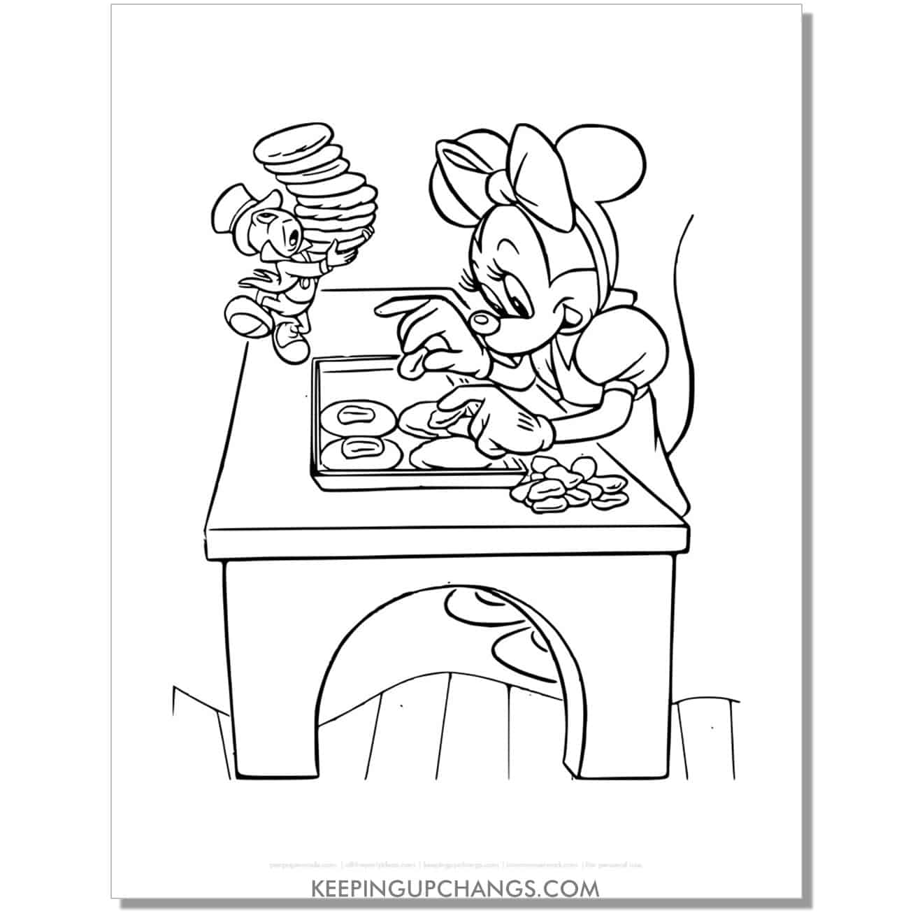 free minnie mouse making christmas cookies coloring page, sheet.