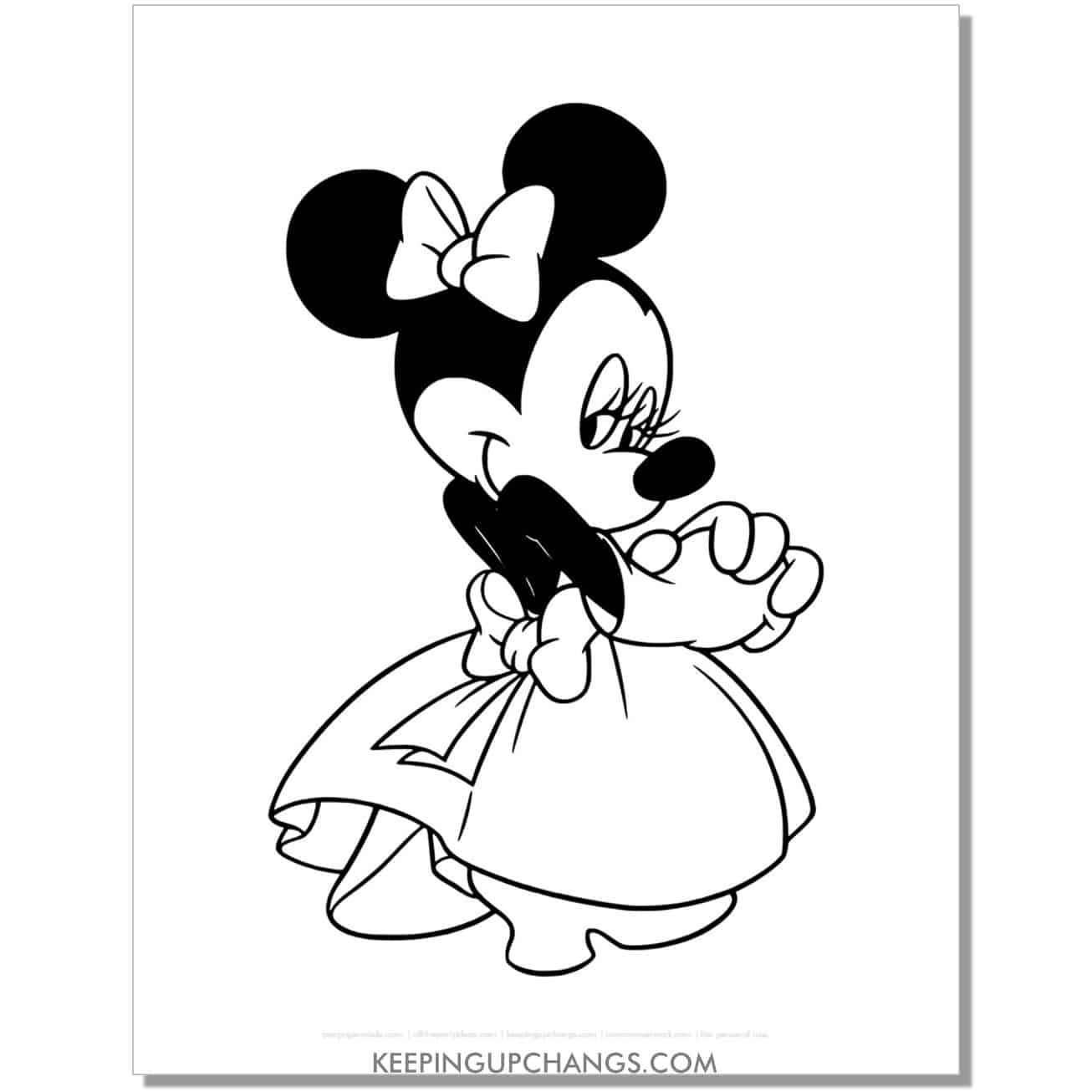 free minnie mouse in fancy dress coloring page, sheet.