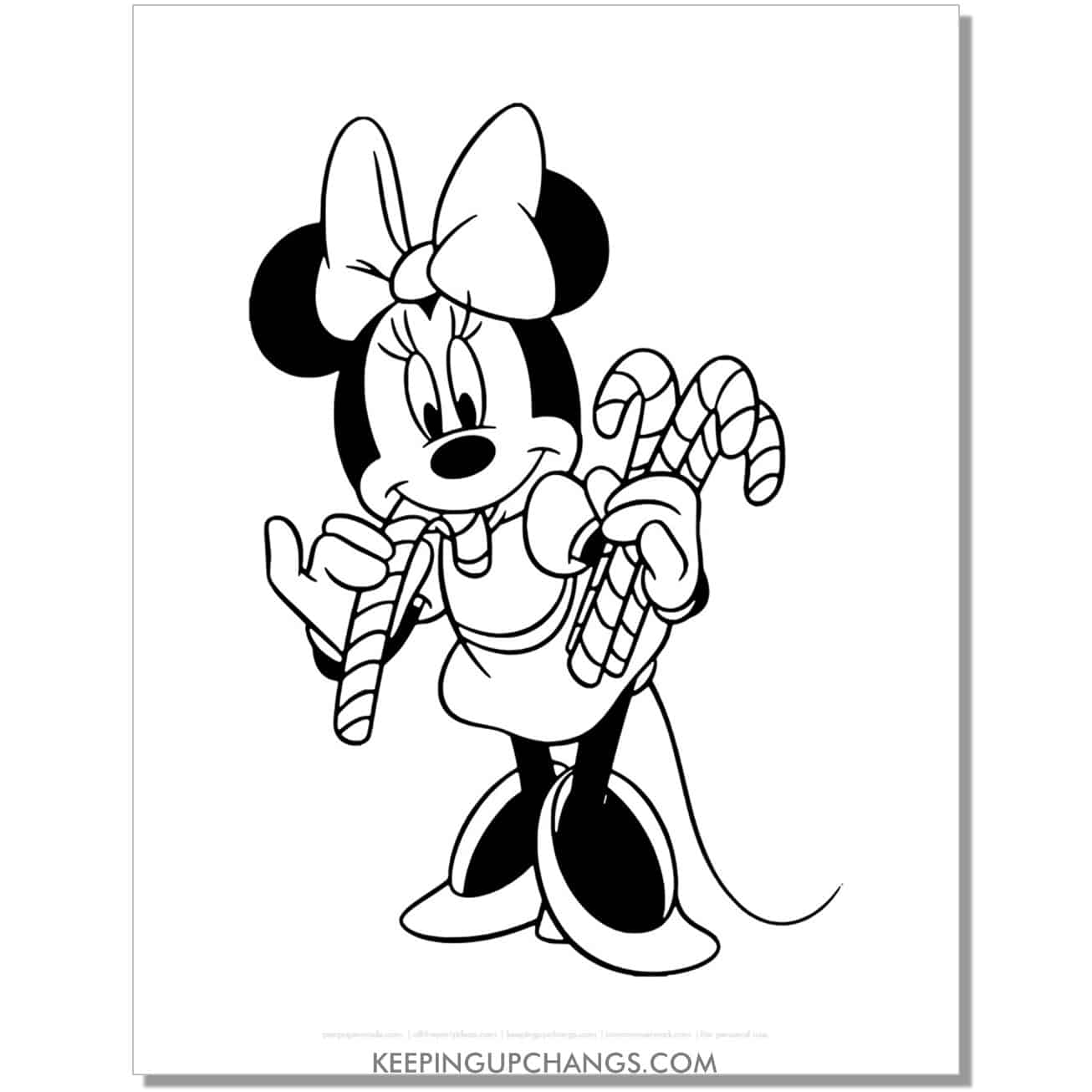 free minnie mouse holding candy canes coloring page, sheet.