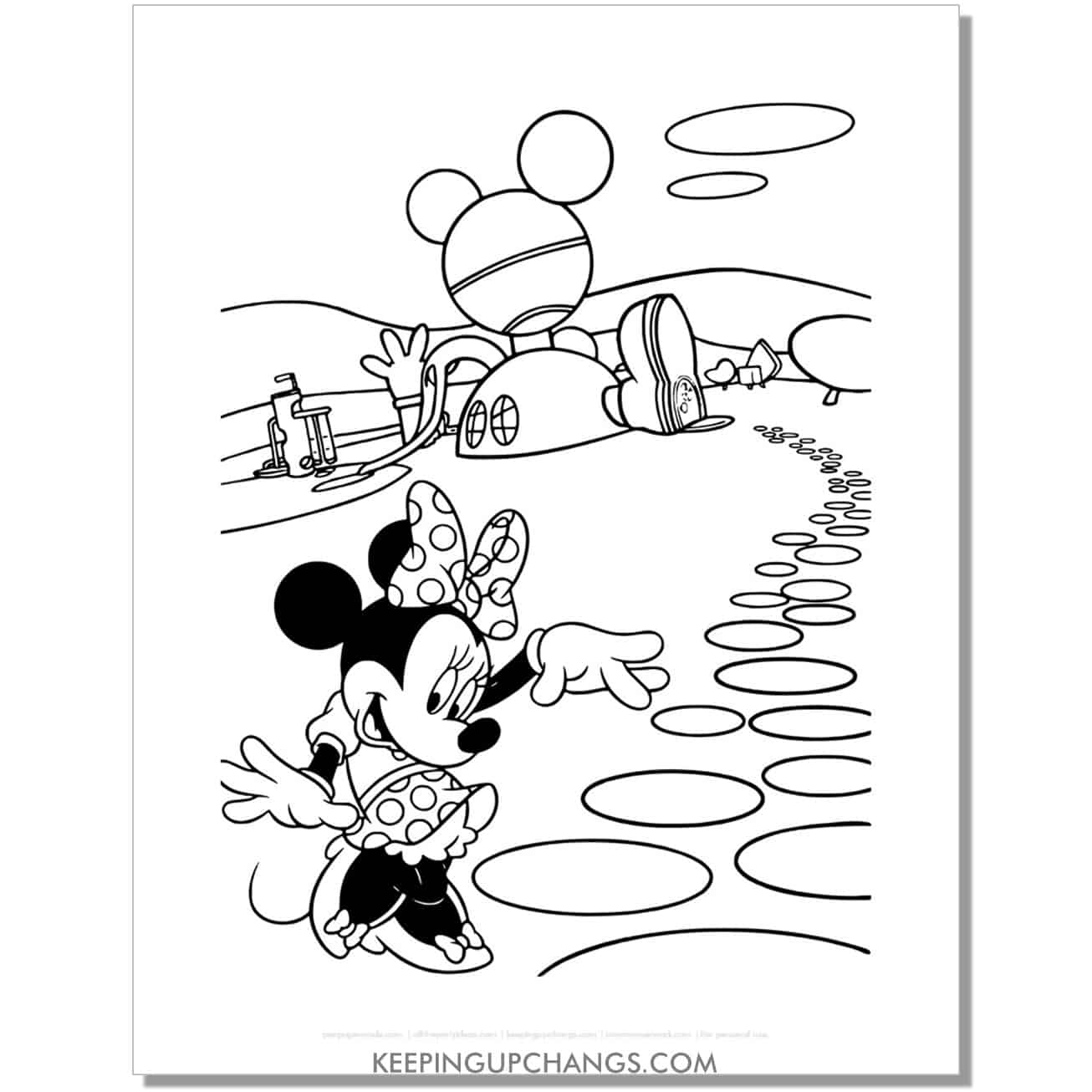 free minnie mouse walking to clubhouse coloring page, sheet.
