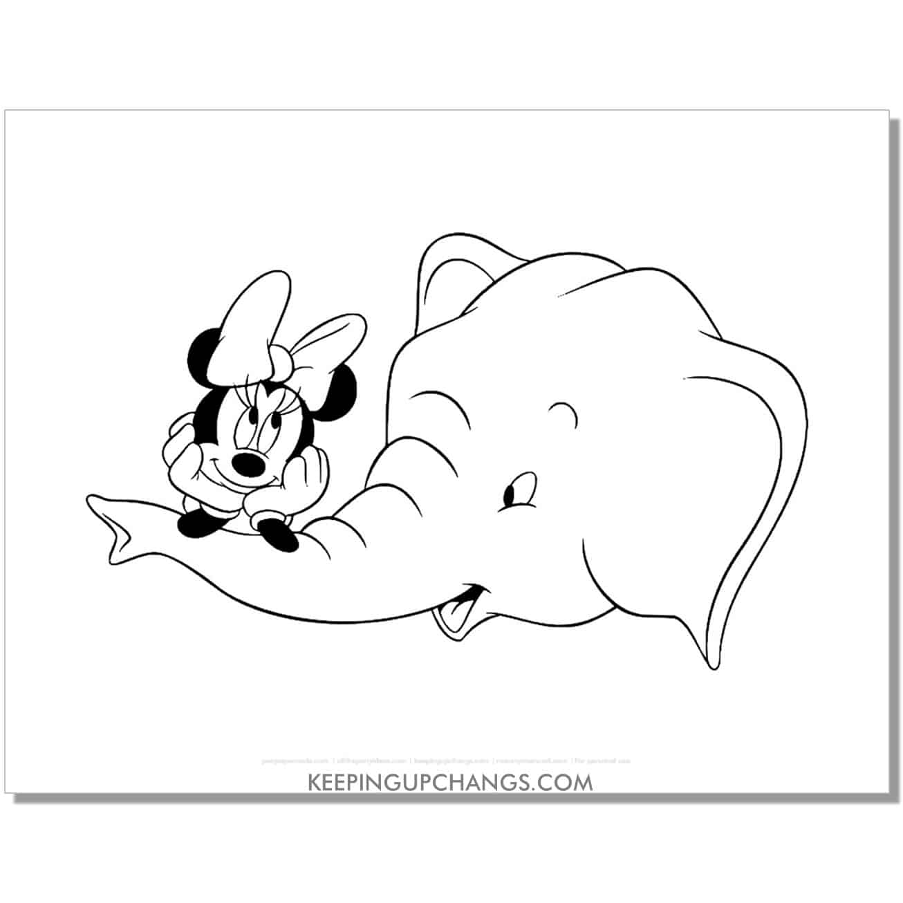 free minnie mouse and elephant coloring page, sheet.