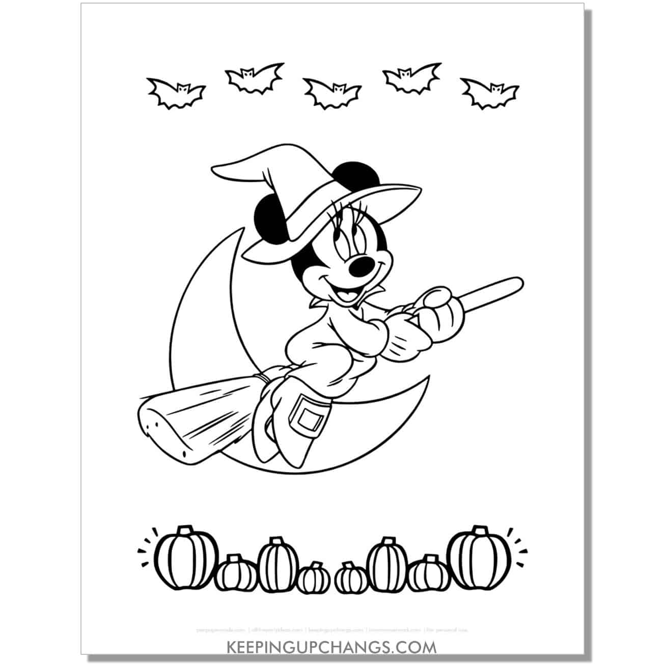free minnie mouse halloween witch coloring page, sheet.