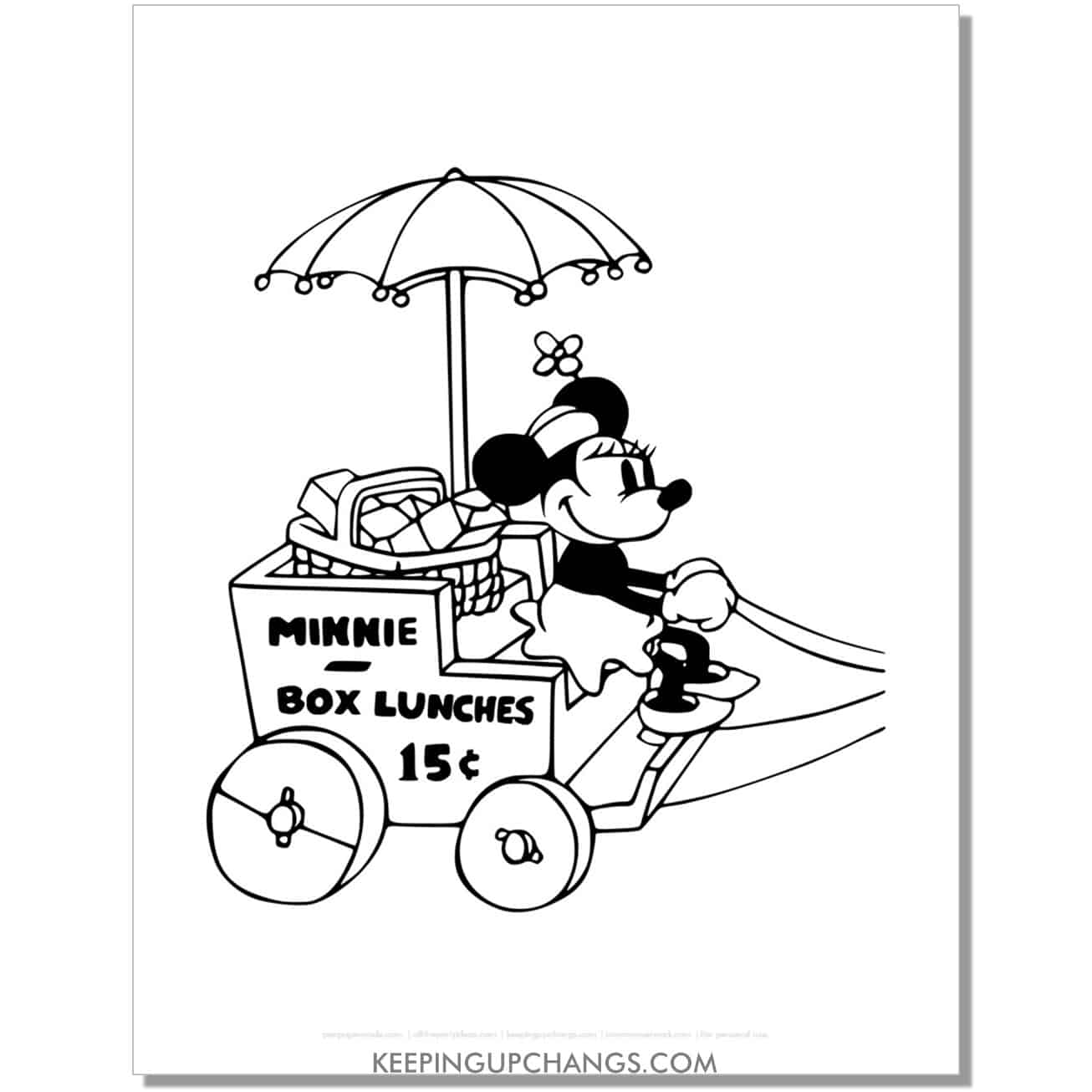 free old fashioned minnie mouse with box lunch cart coloring page, sheet.