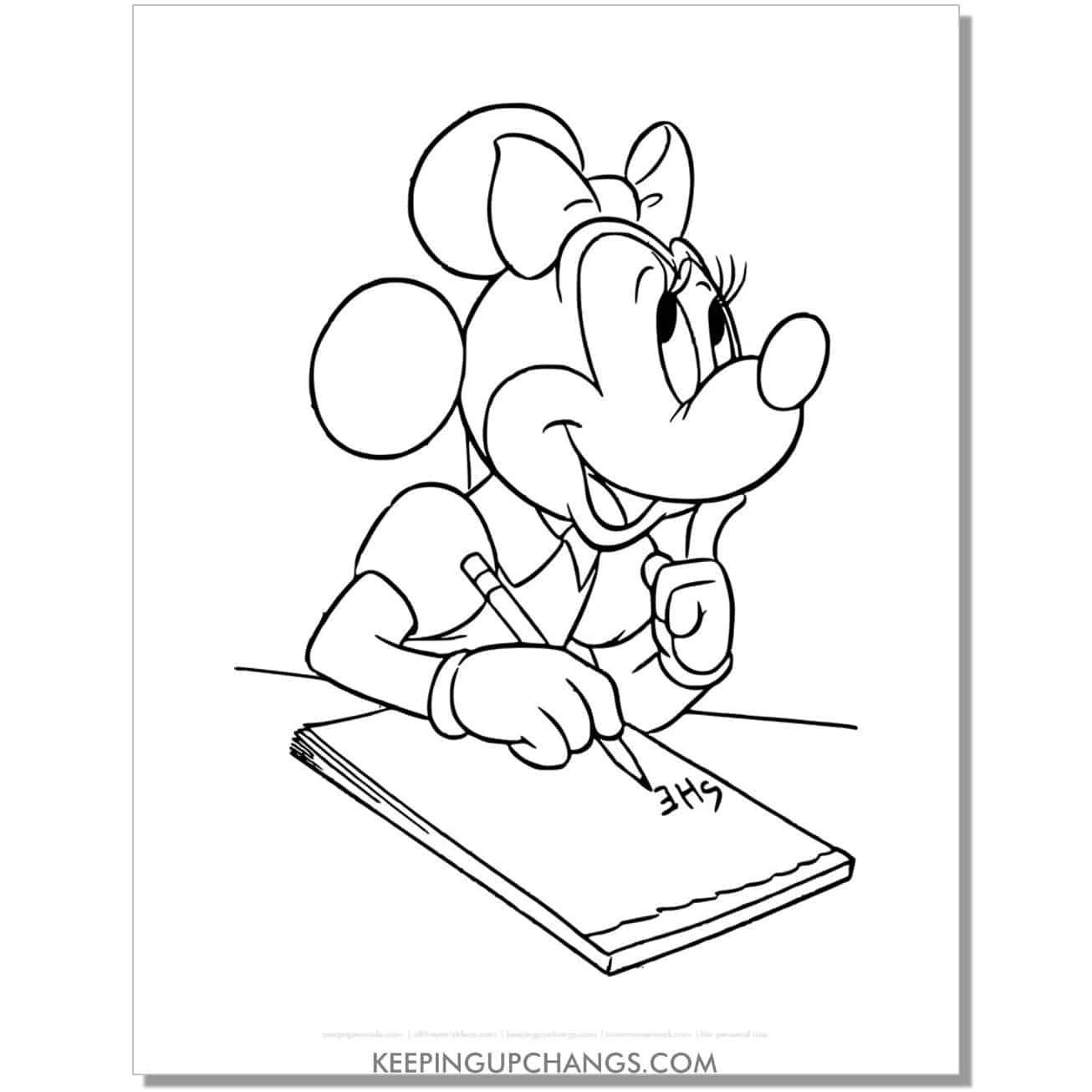 free minnie mouse with pad and paper coloring page, sheet.