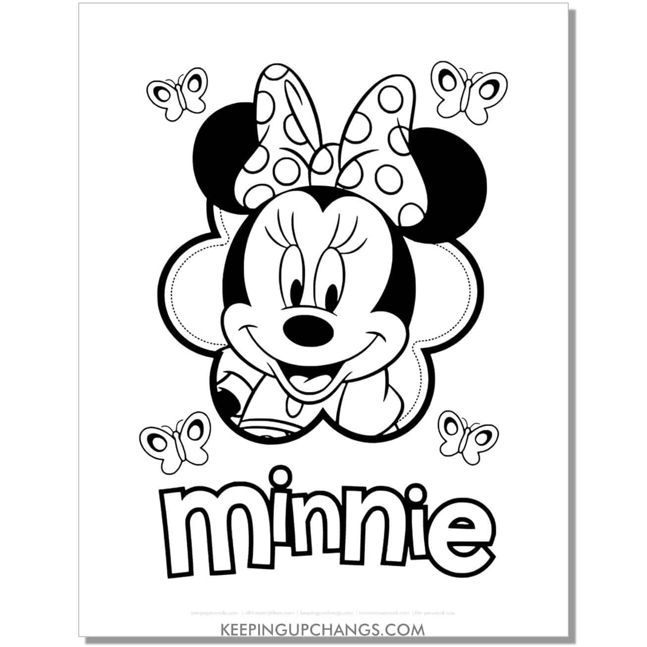 free minnie mouse with butterflies coloring page, sheet.