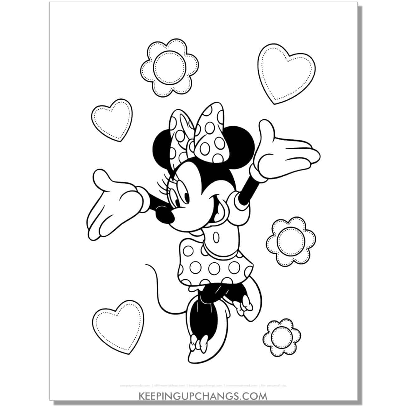 free valentine's minnie mouse with hearts, flowers coloring page, sheet.